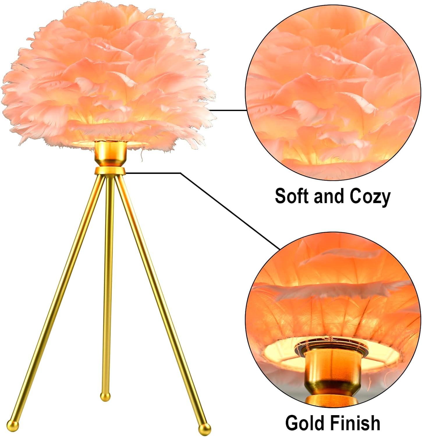 Paquete de 2 lámparas de mesa de plumas, trípode, luces de mesita de noche, lámpara de mesita de noche, elegante lámpara de plumas para dormitorio,