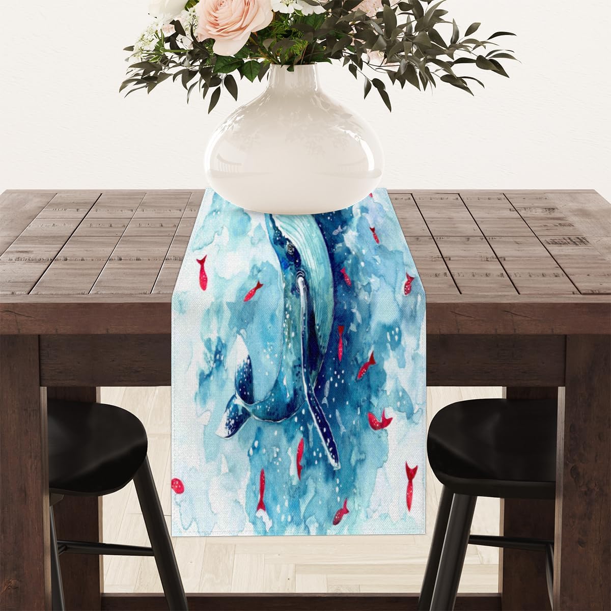 Camino de mesa de acuarela delfines, mantel de lino rústico otoñal, decoración de mesa de cocina y comedor para fiesta en el hogar, 13 x 72 pulgadas