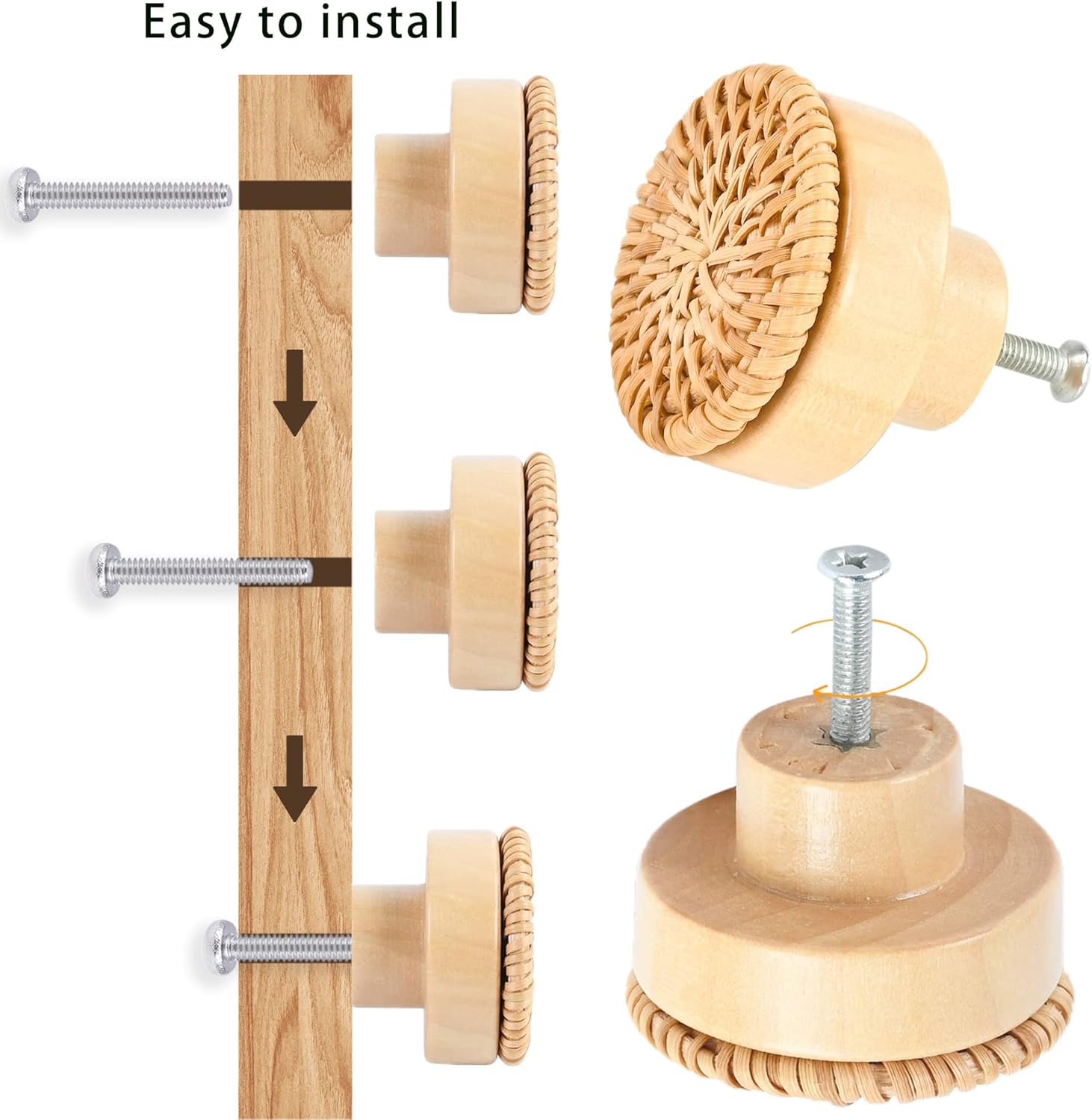 ETIUC 12 pomos de ratán para cajones, pomos bohemios de madera hechos a mano, perillas de madera para cajones, herrajes de mimbre tejido bohemio