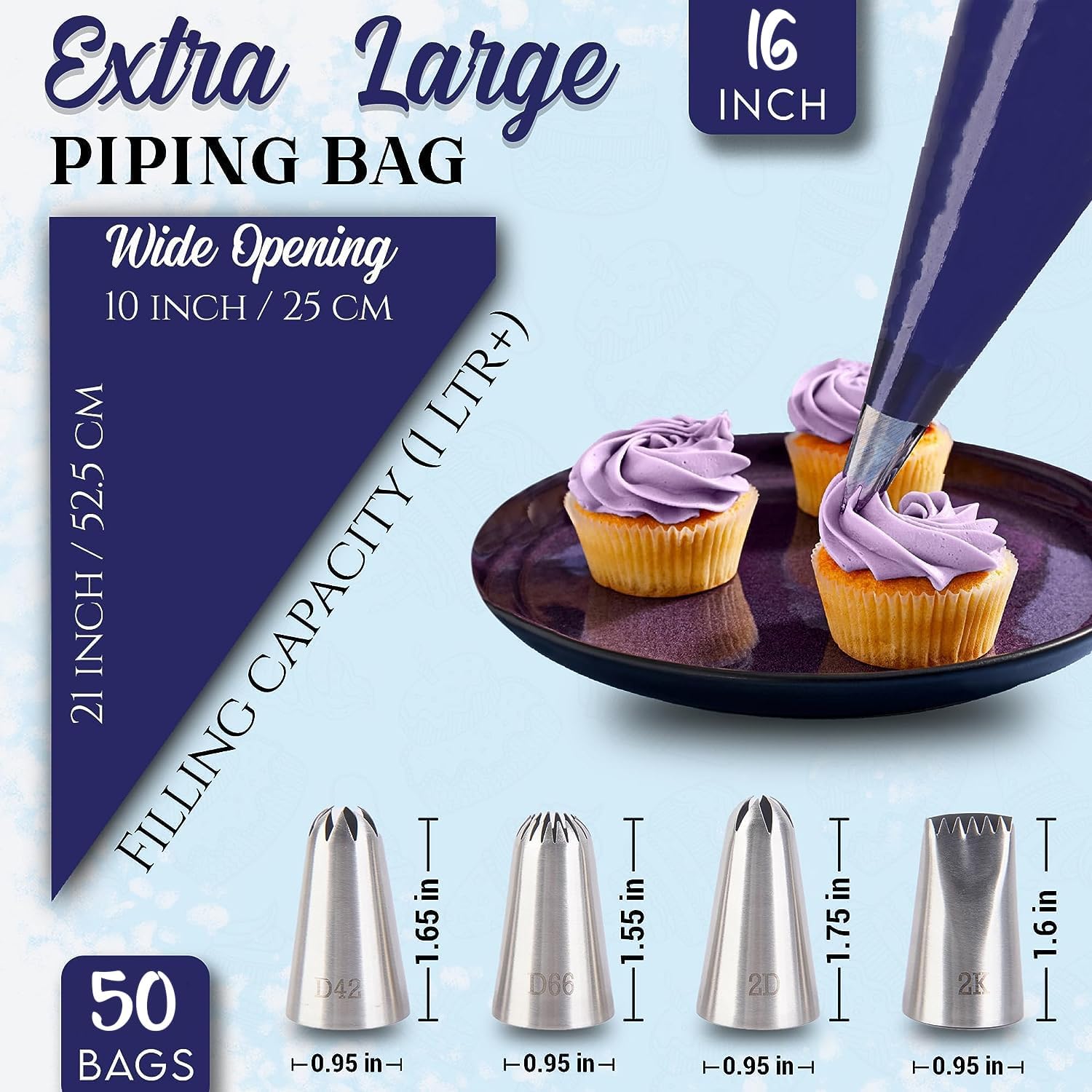 SPIEST Juego de bolsas y puntas desechables grandes de 16 pulgadas, 50 bolsas de glaseado de alta calidad con 4 puntas de ribete adicionales, a
