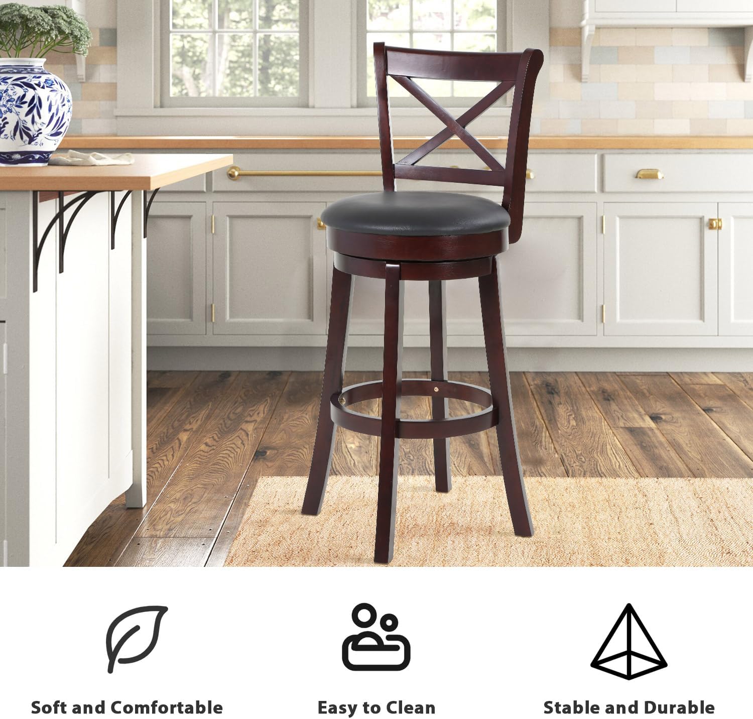 Taburetes de bar de altura de mostrador, taburetes de bar para isla de cocina, taburetes de mostrador de cuero sintético con respaldo bajo de madera