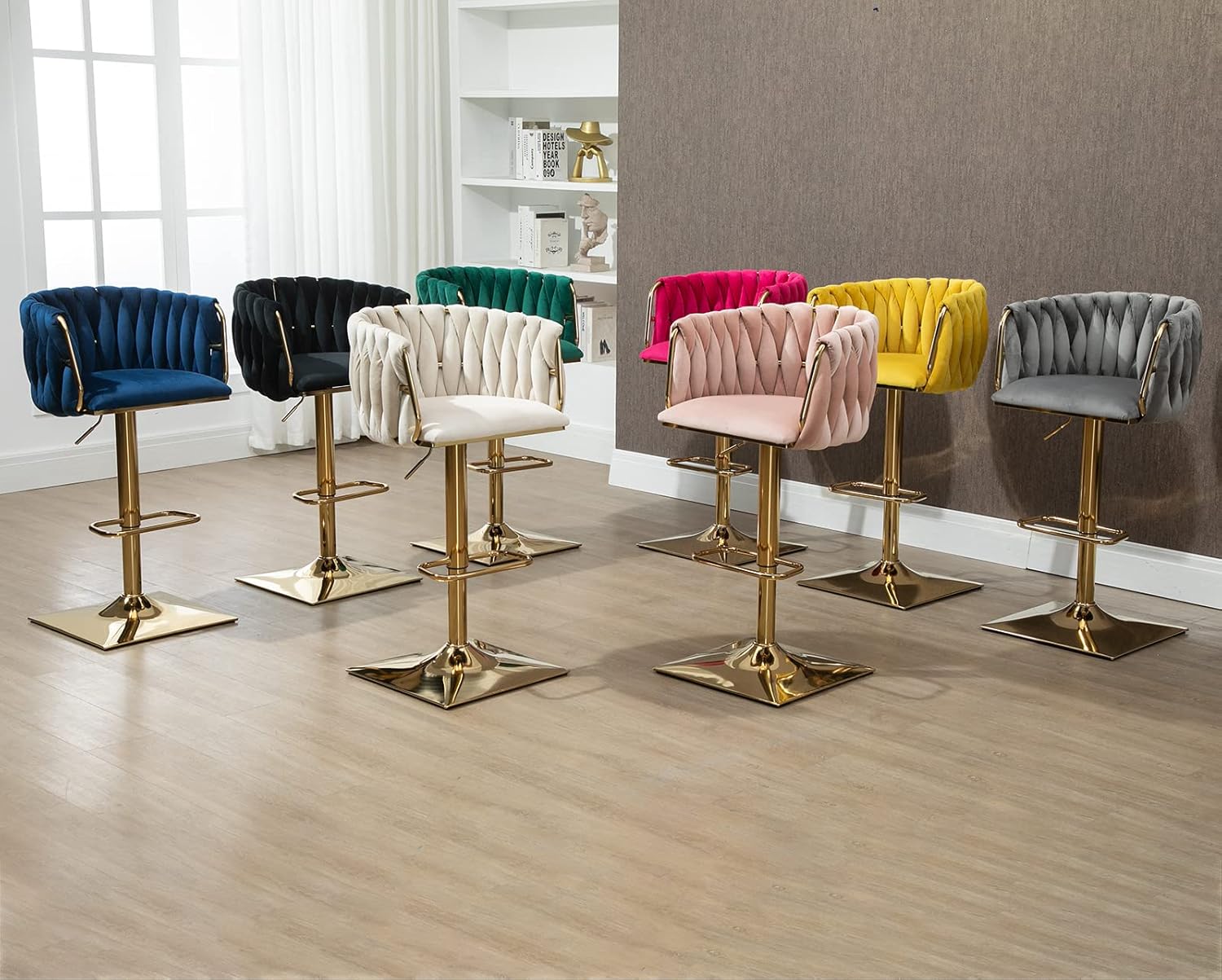 Kurhwyss Juego de 2 taburetes de bar de terciopelo, taburetes de bar giratorios con respaldo tejido, modernas sillas de bar ajustables con base