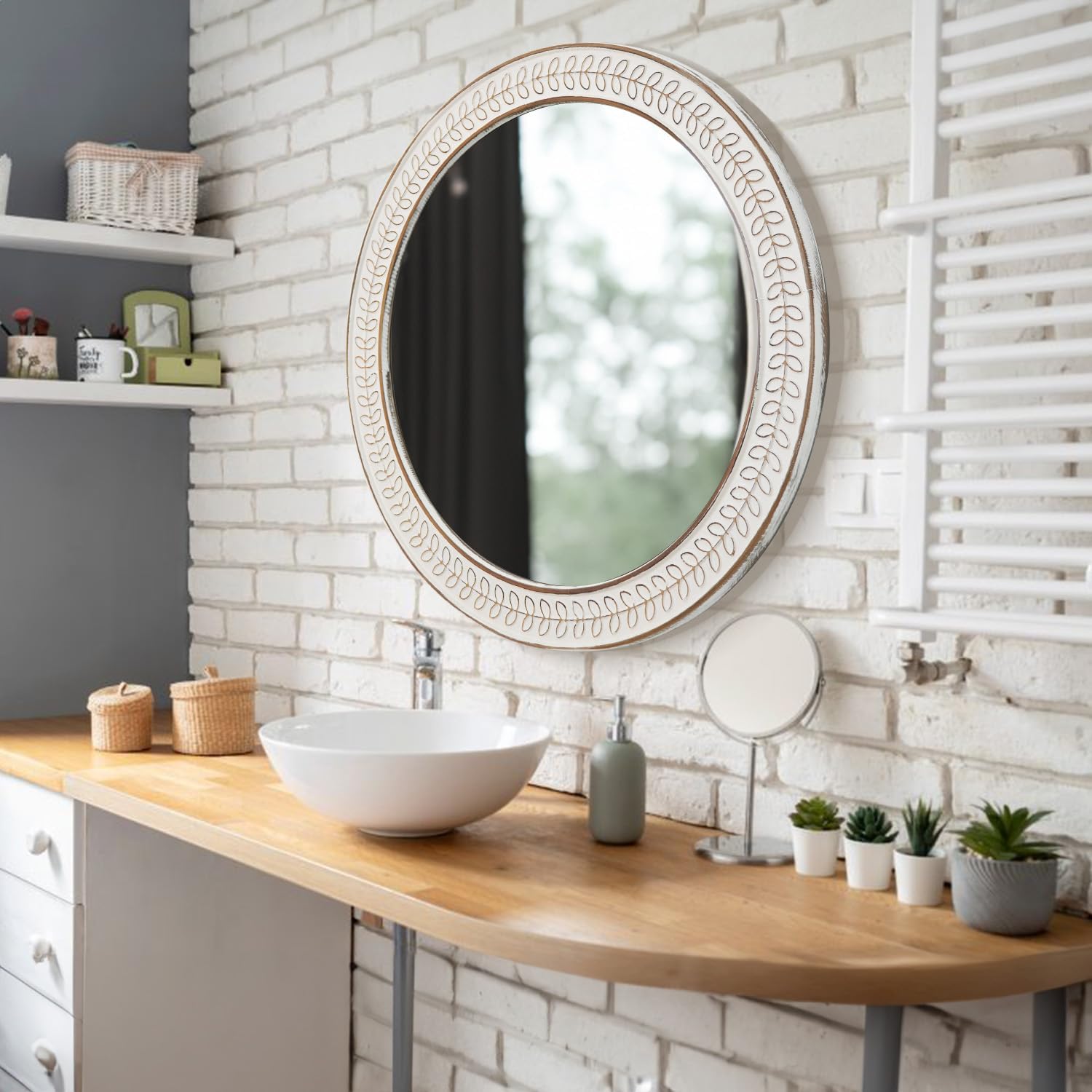 Espejos redondos de 26 pulgadas para pared, espejo circular de madera con marco tallado, espejos decorativos rústicos desgastados para sala de