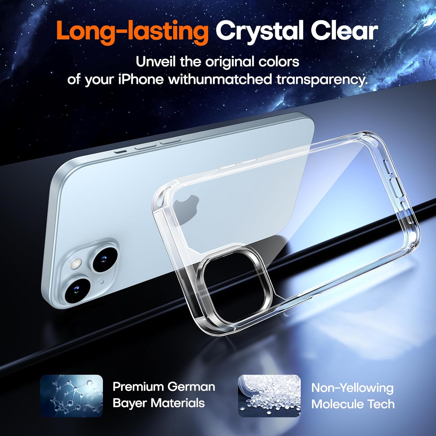 TAURI Funda transparente 5 en 1 para iPhone 15 Plus, no amarillea, con 2 protectores de pantalla + 2 protectores de lente de cámara, protección