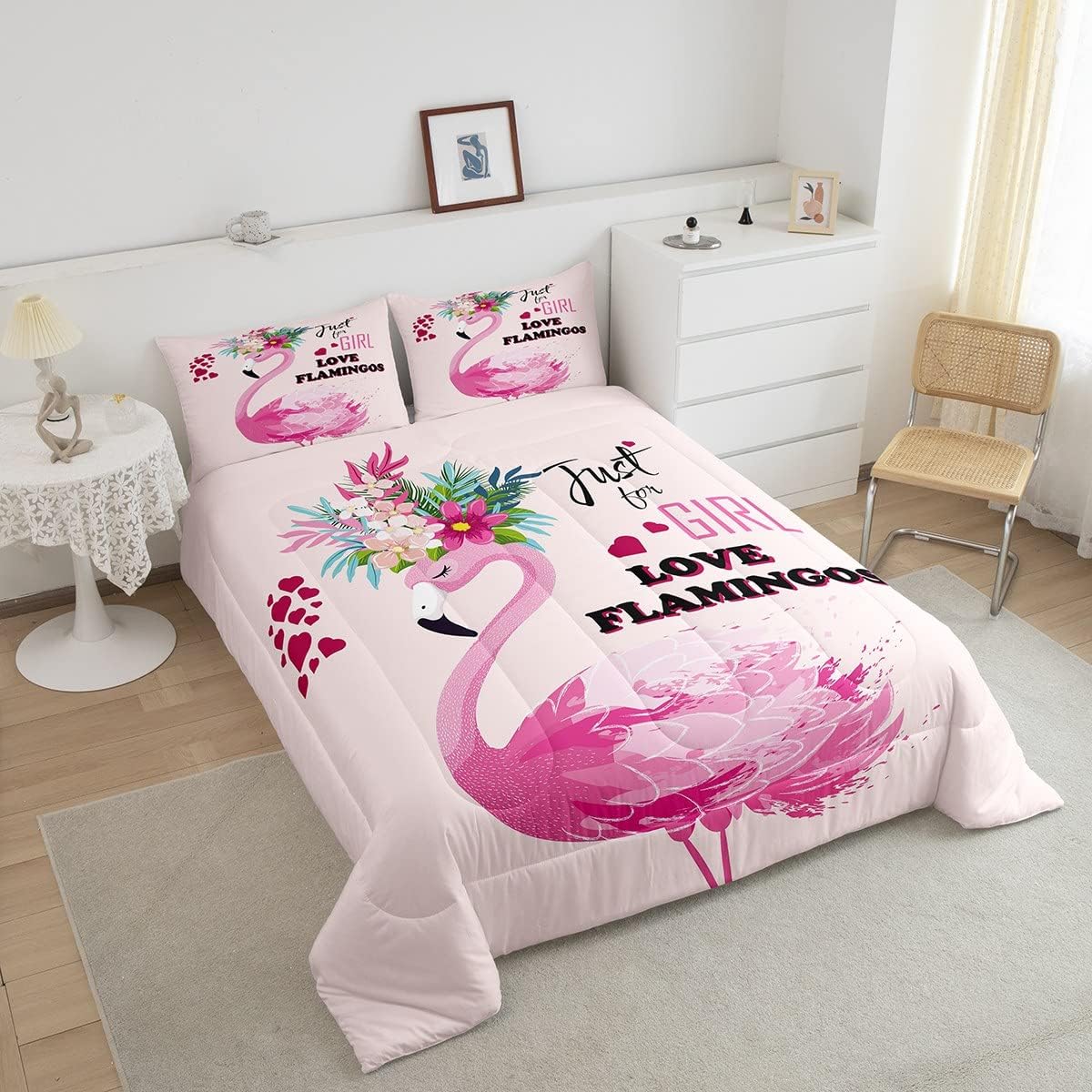 Juego de edredón de flamenco rosa para niñas, ropa de cama de flamenco tropical, juegos de ropa de cama de animales florales hawaianos, edredón de