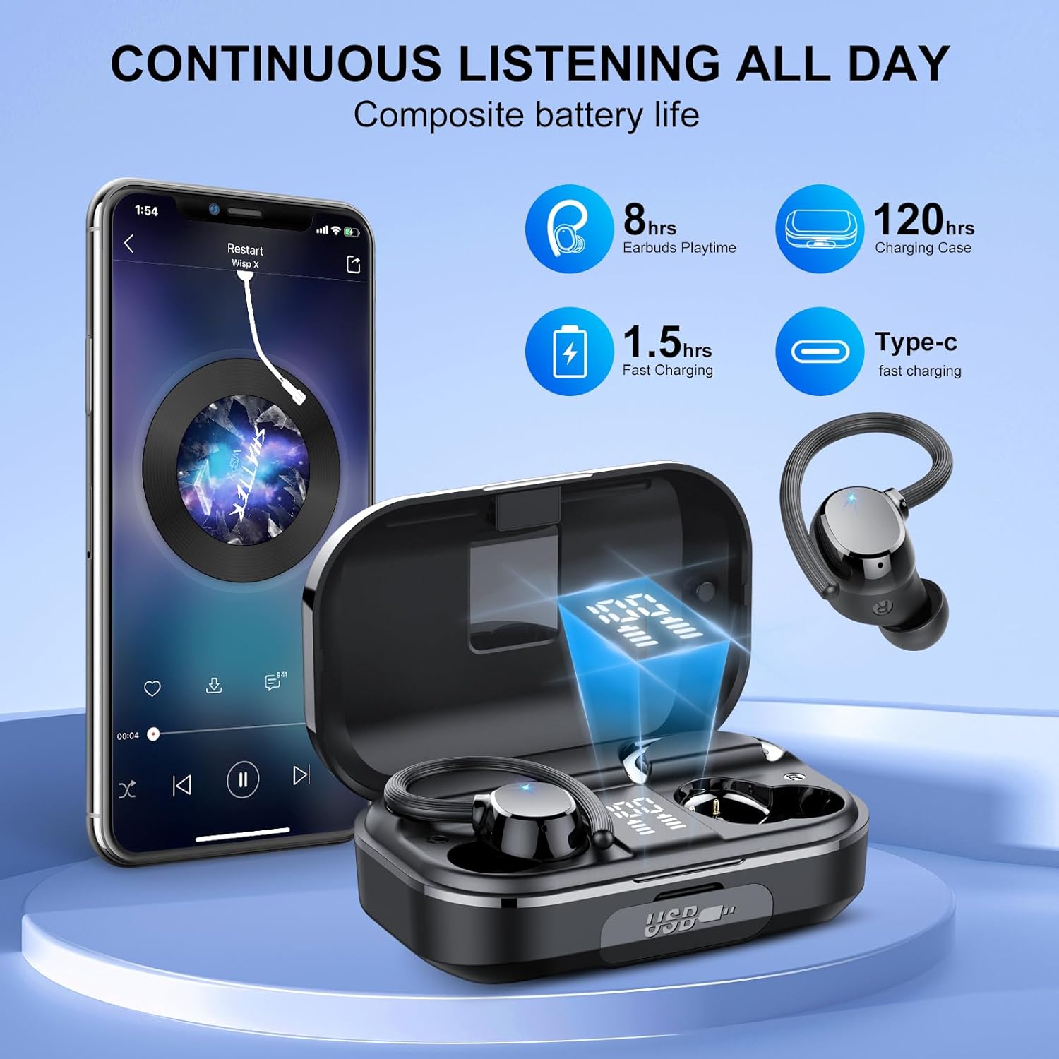 Auriculares inalámbricos Bluetooth 120 horas de tiempo de reproducción, auriculares inalámbricos estéreo de alta fidelidad con micrófono HD, graves