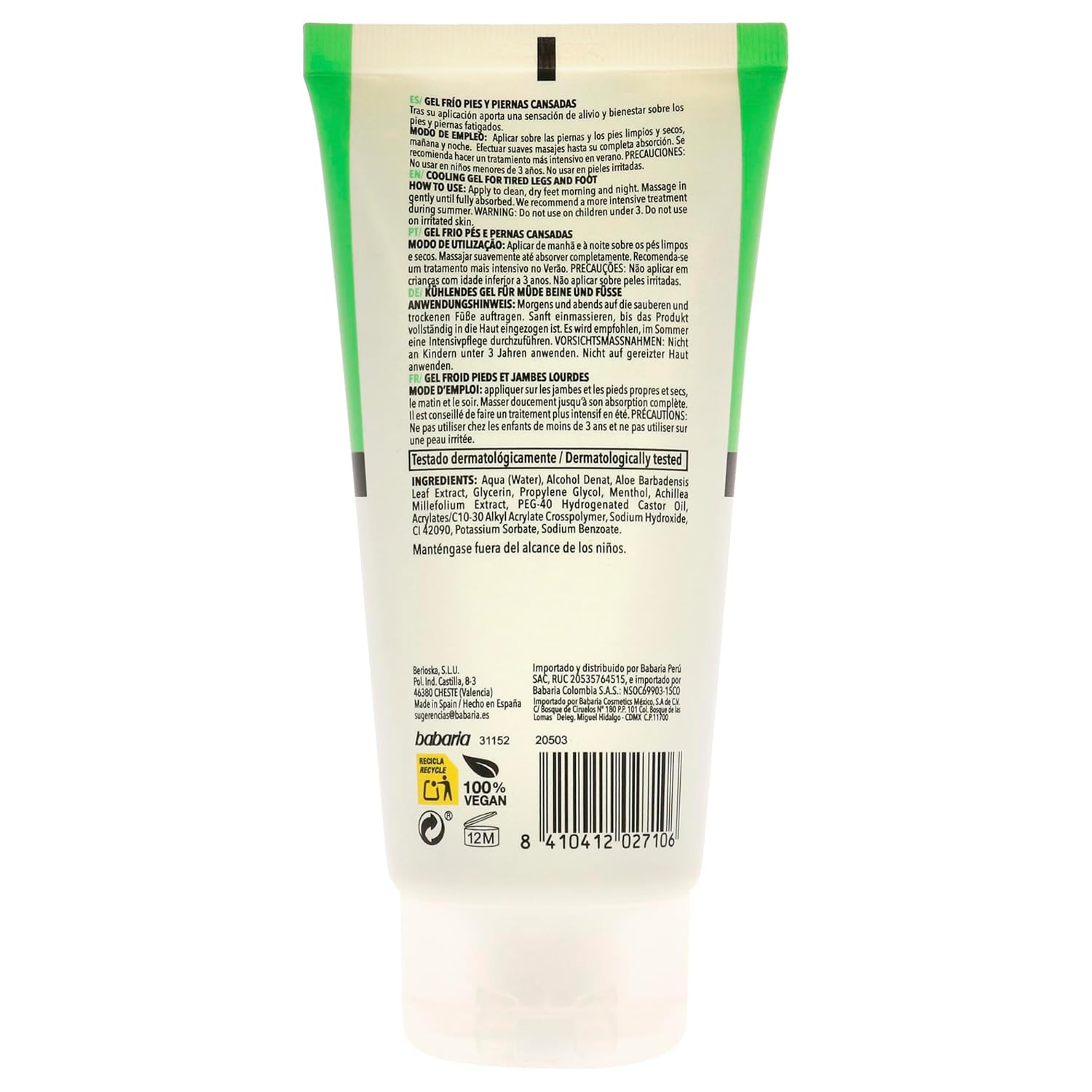 Babaria Gel refrescante para piernas y pies – Efecto calmante y suavizante – Proporciona propiedades regeneradoras y calmantes – Infundido con