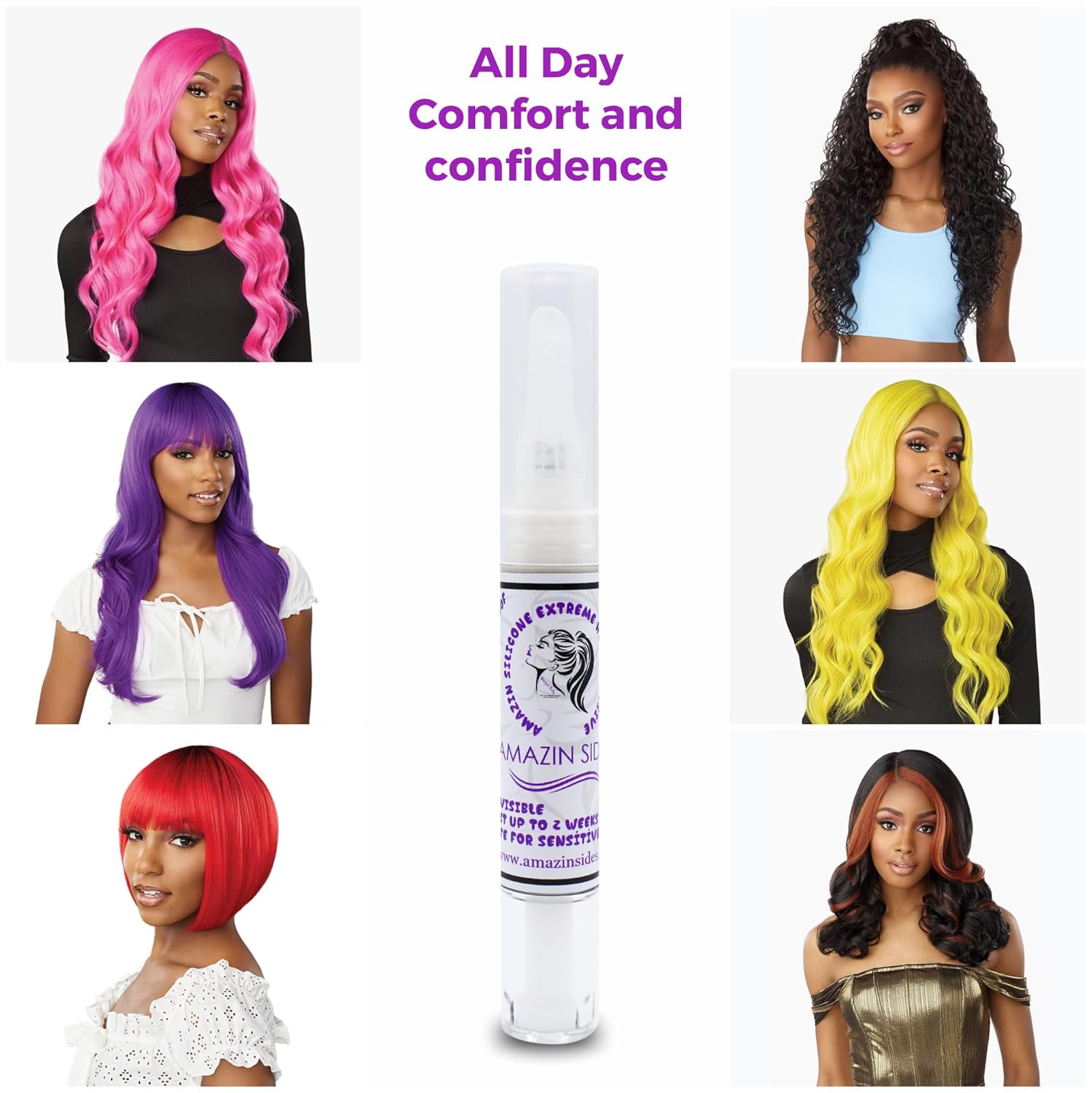 Amazin Sides Lápiz de pegamento para peluca, pegamento portátil de silicona súper sujeta, pegamento adhesivo invisible de alto punto de fusión para