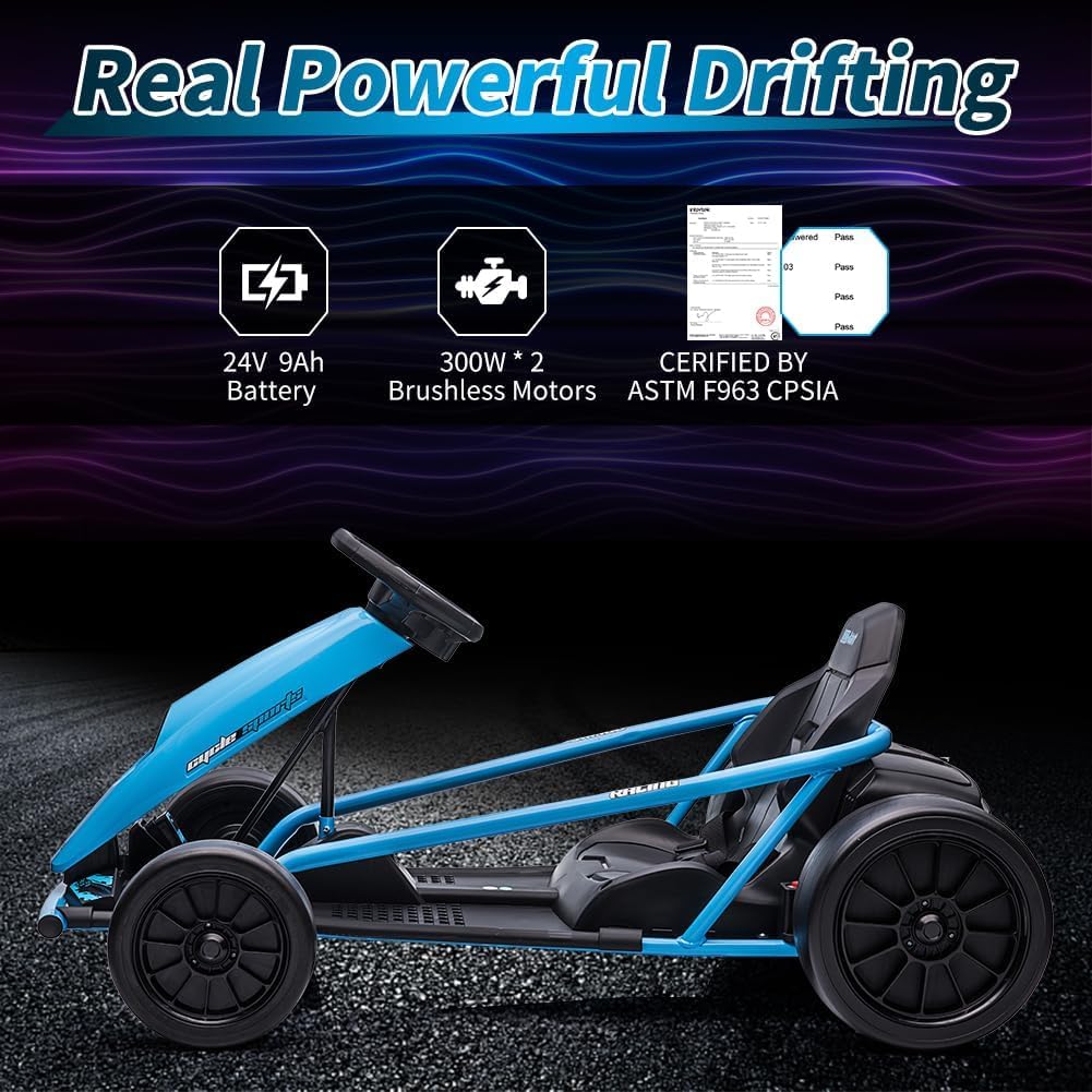 Go Kart de 24 V para niños de 8 a 12 años, 300 W x 2 motores extra potentes, batería grande de 9 Ah de 8 MPH de alta velocidad con música, bocina,