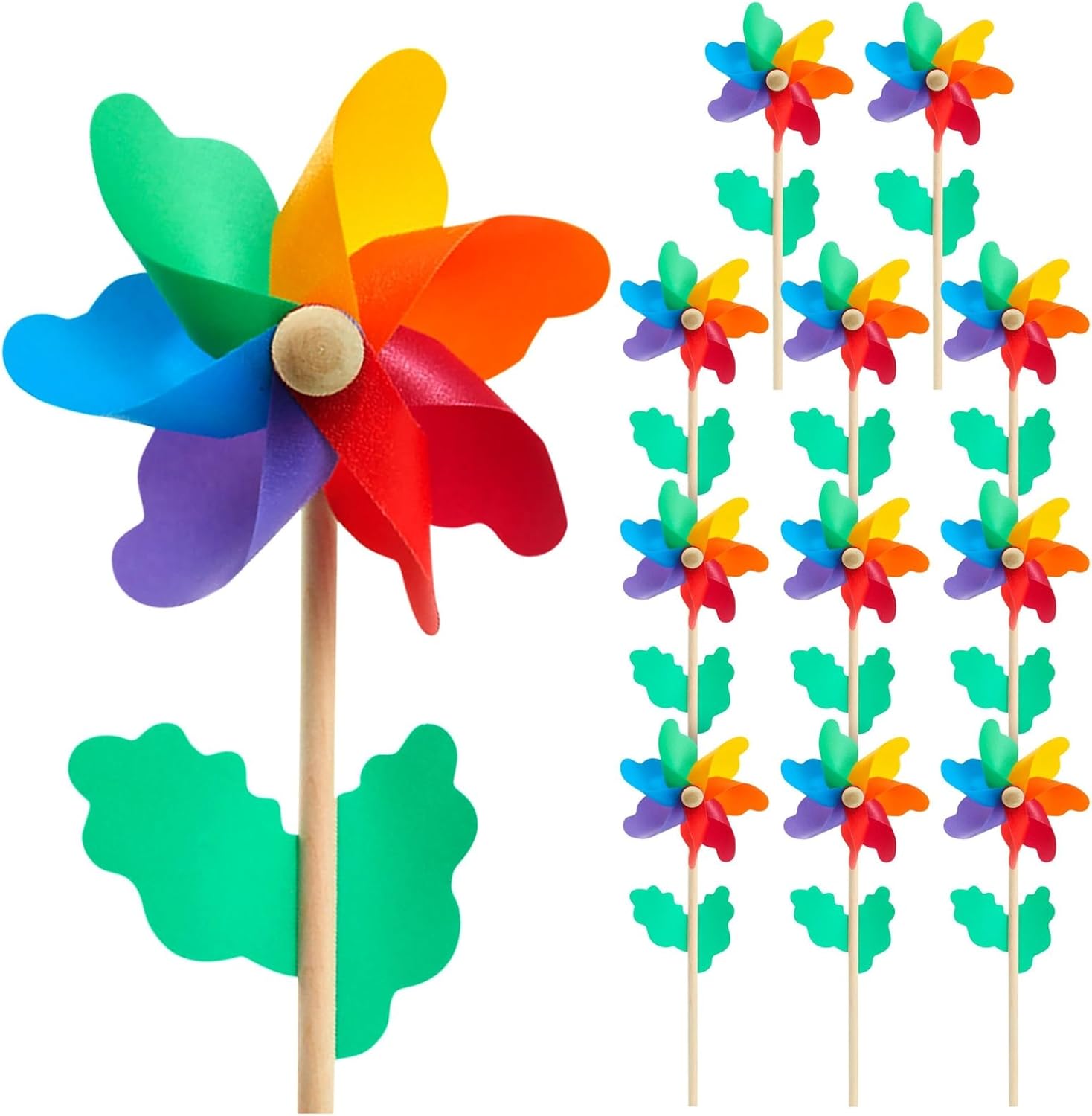 BLUE PANDA Paquete de 12 molinetes de flores arcoíris para patio y jardín, molinillos de viento y recuerdos de fiesta al aire libre para niños,