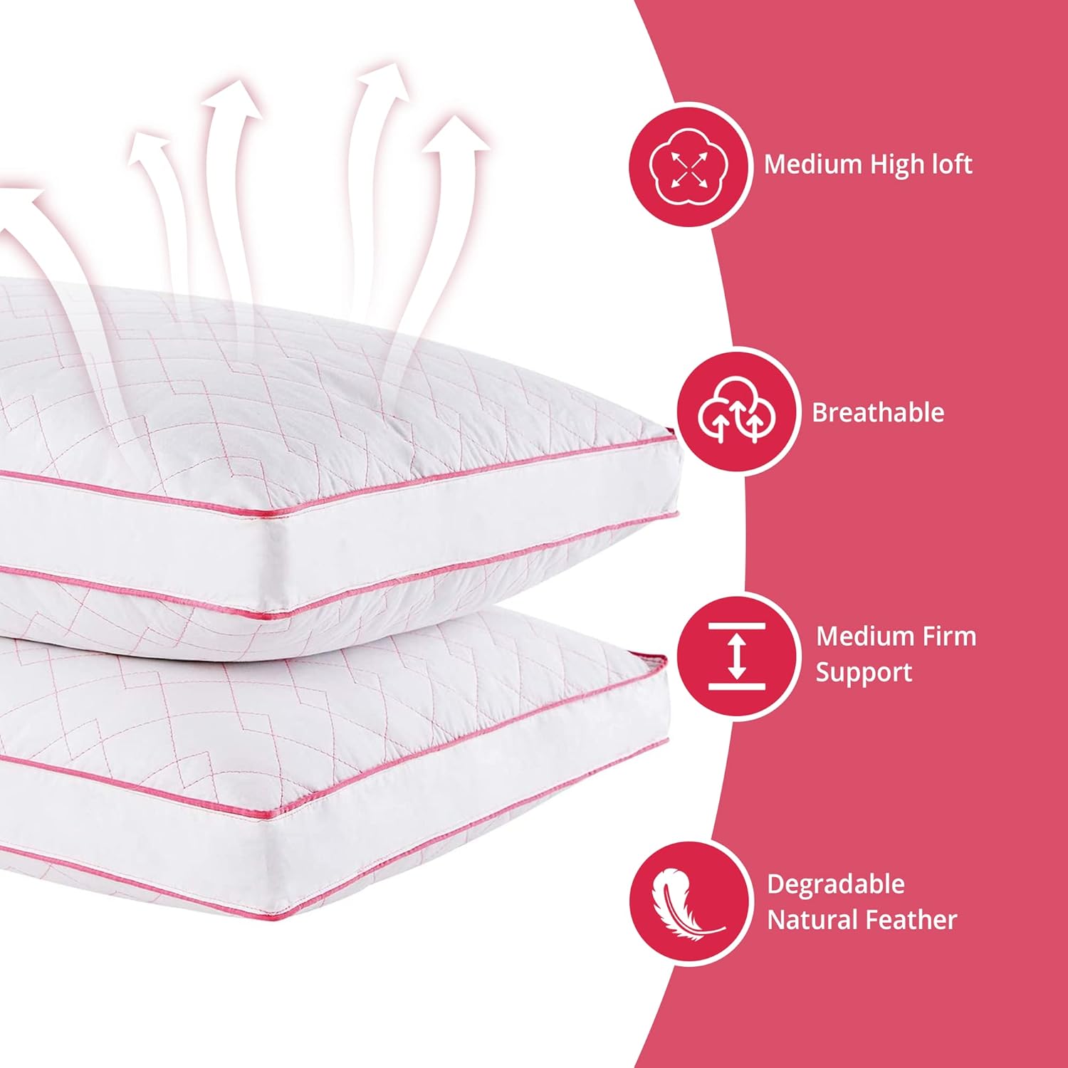 Puredown – Juego de 2 almohadas de plumón de ganso para dormir con funda de algodón 100% premium, Algodón, Rosado, King