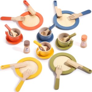 GAGAKU Juego de platos de madera para niños, platos de juego para la cocina de los niños, juego de platos de madera para niños pequeños, accesorios GAGAKU Juego de platos de madera para niños, platos de juego para la cocina de los niños, juego de platos de madera para niños pequeños, accesorios