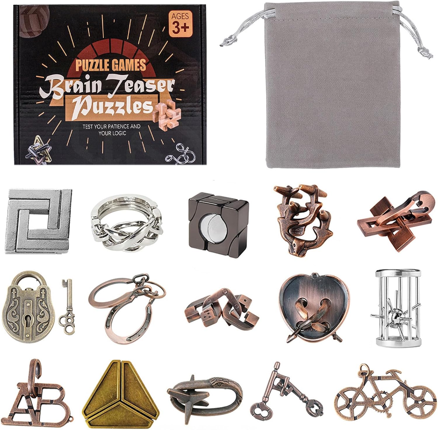 Rompecabezas de 15 piezas, juego de rompecabezas de alambre de metal, juego de rompecabezas de desafío de inteligencia intelectual, desbloqueo