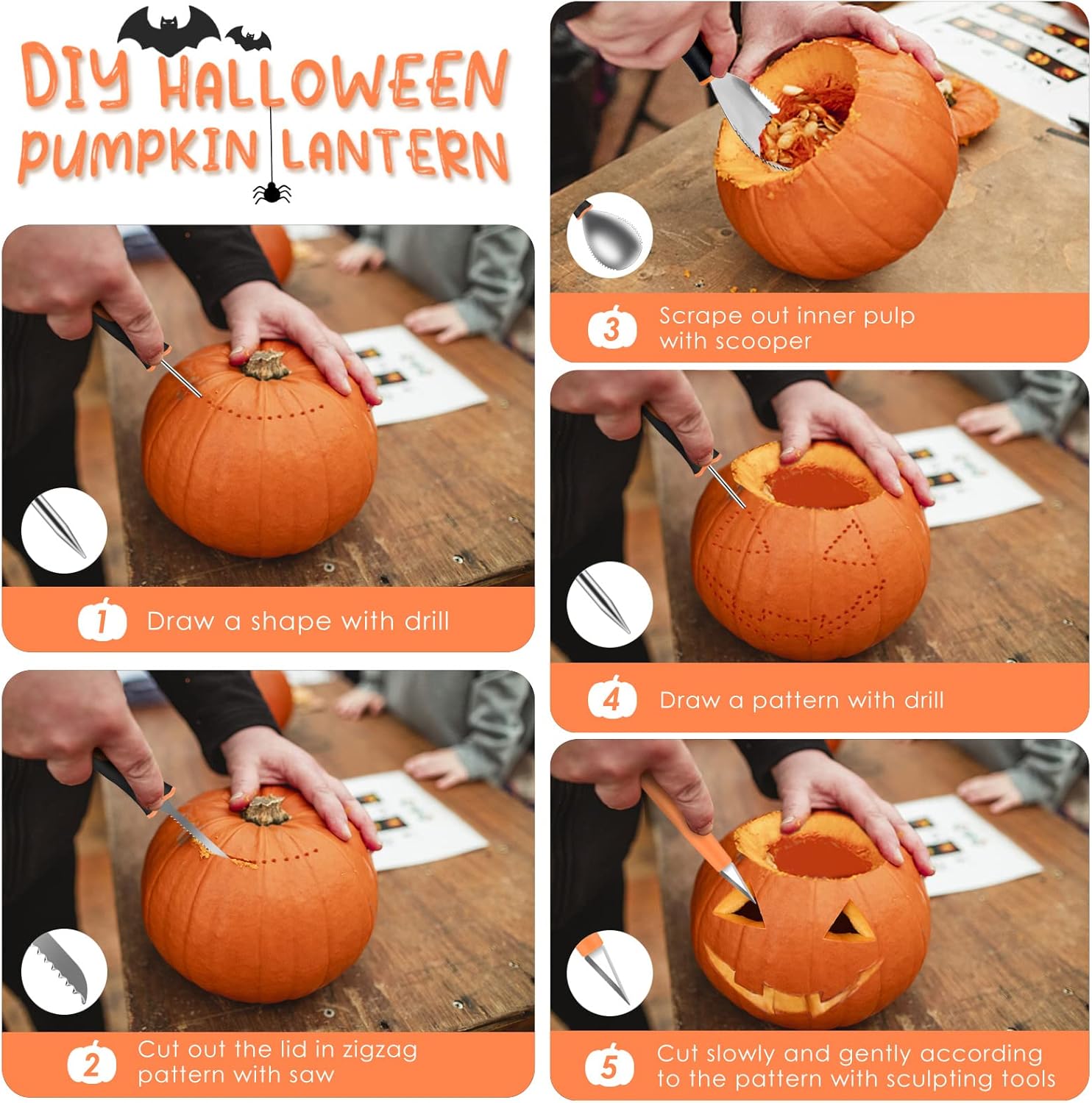 KATUMO Herramienta de tallado de calabaza, kit de corte de calabaza resistente de 13 piezas con herramientas de escultura de detalles profesionales,