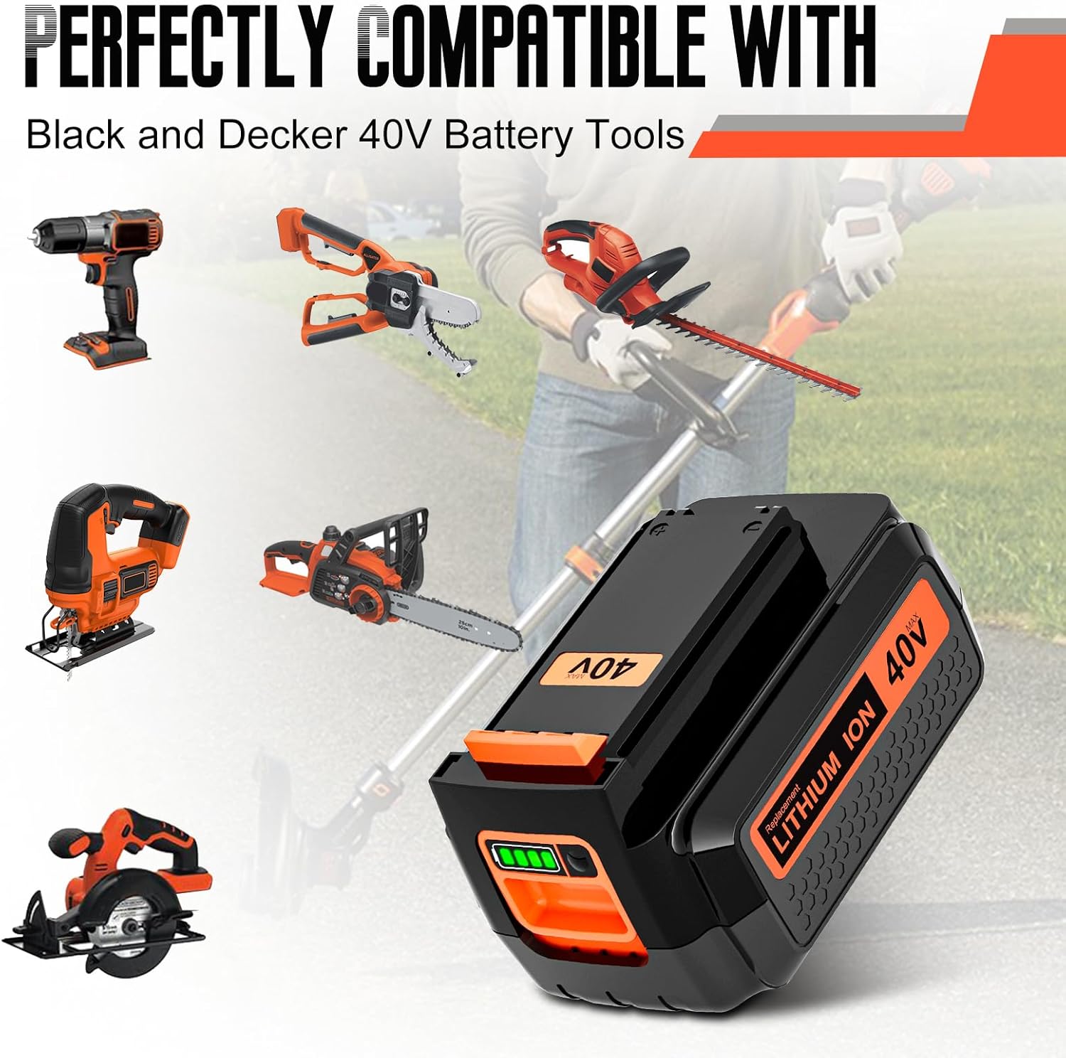 Paquete de 1 batería LBX2040 de 3000 mAh de 40 voltios y cargador de repuesto para Black and Decker 40V batería compatible con batería de litio