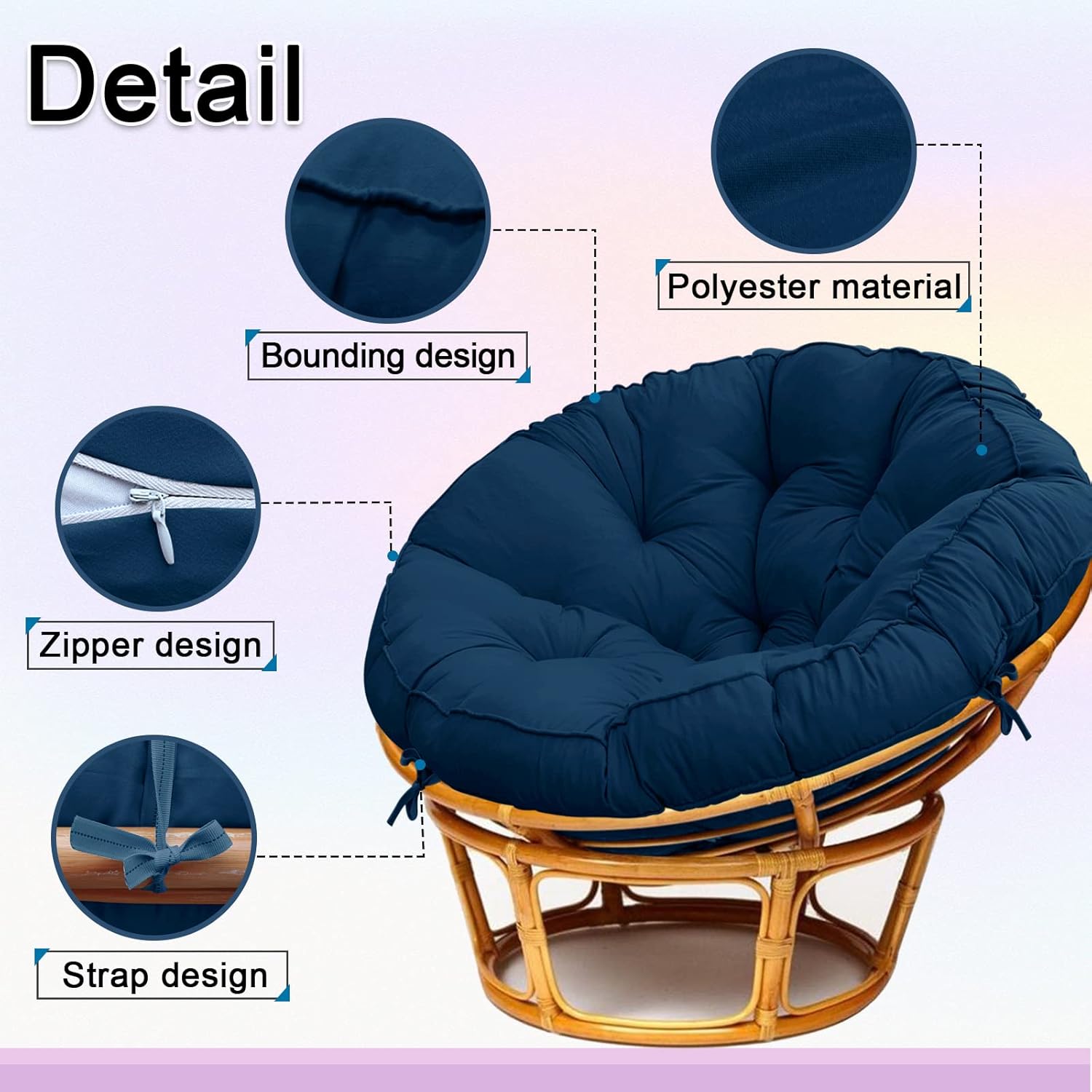 Papasan – Cojín para silla Papasan de 52 pulgadas, cojín redondo para silla Papasan de 13.23 libras, cojín de asiento esponjoso para relajarse (azul