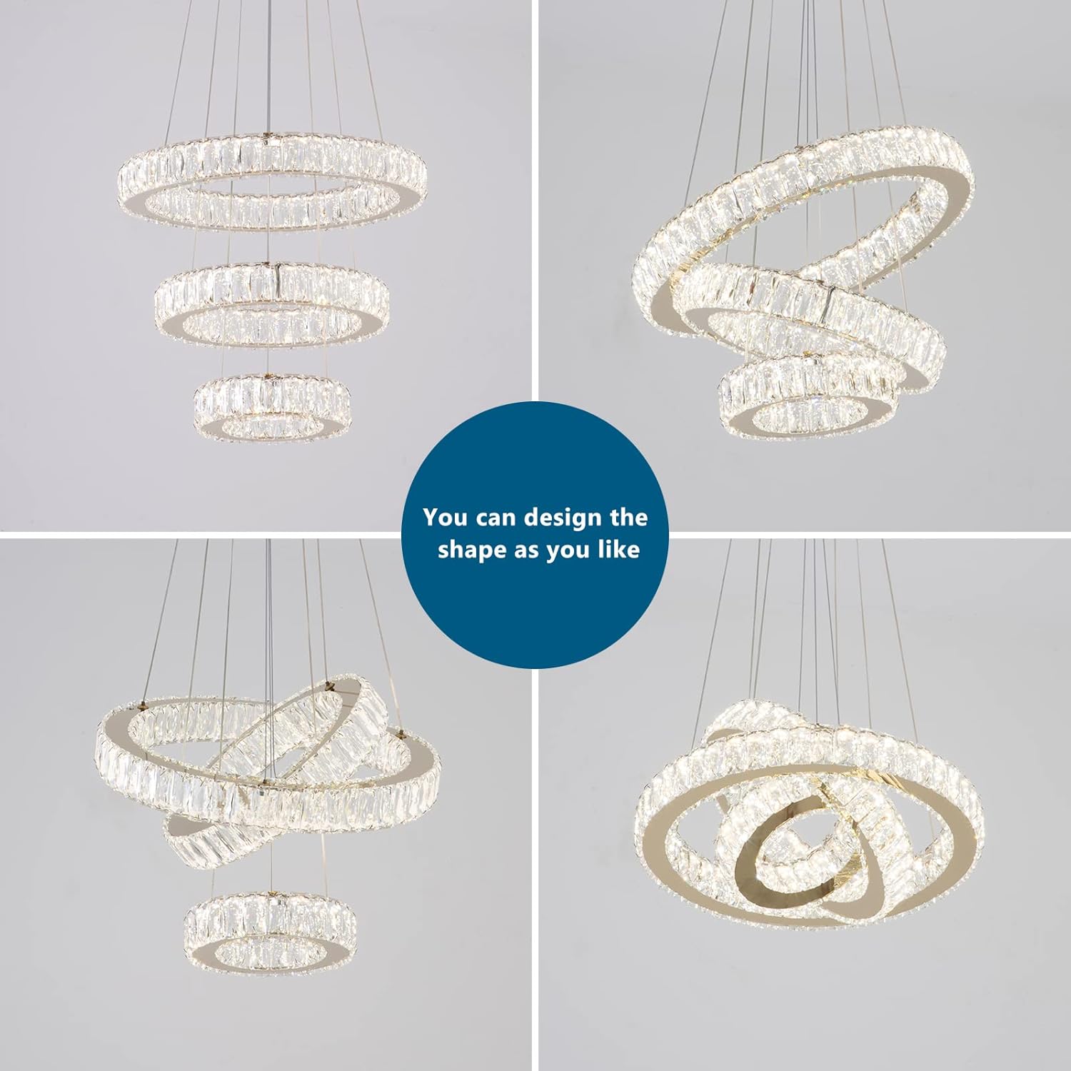 FRIXCHUR Candelabro LED de 3 anillos, modernos candelabros de cristal, luces colgantes ajustables, luces de techo doradas para dormitorio, comedor