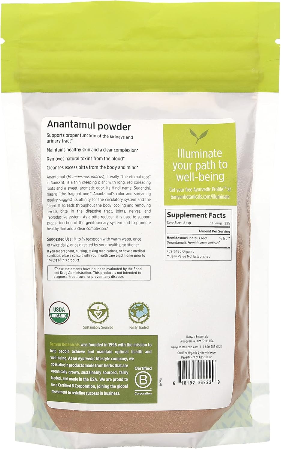 Banyan Botanicals Anantamul Powder – Certificado orgánico, 12 libra – Hemidesmus indicus – Una hierba equilibrante de pitta que apoya la función