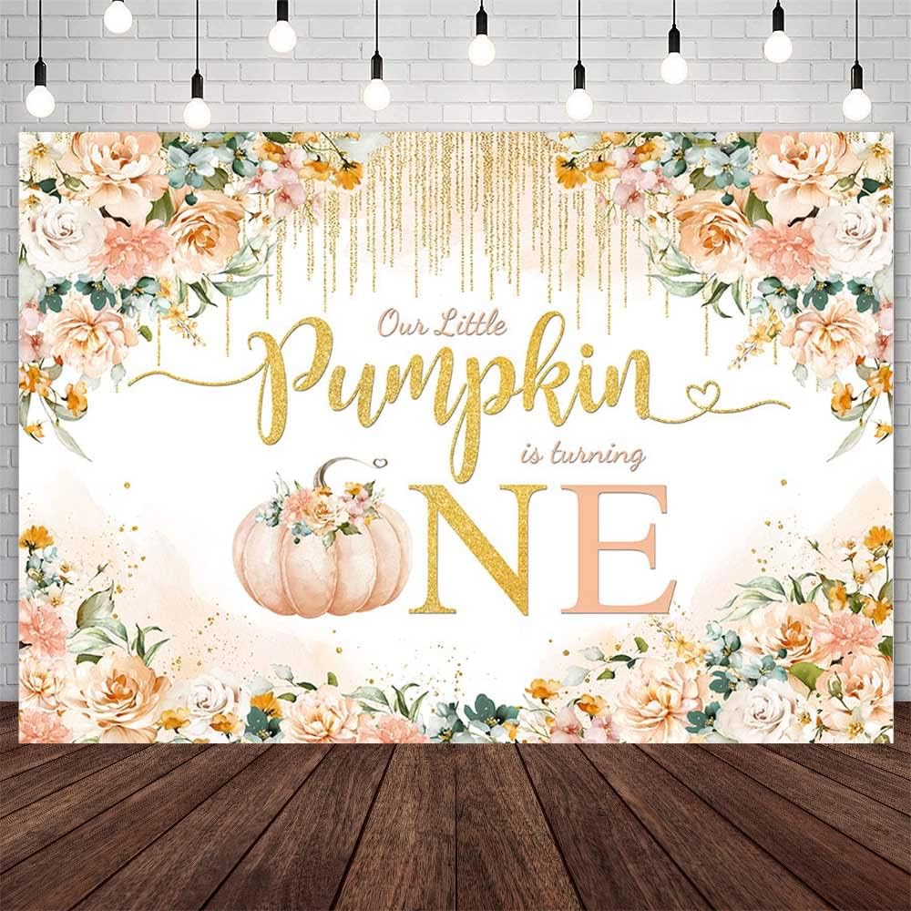 Telón de fondo de calabaza para primer cumpleaños de niñas de 7 x 5 pies para otoño, otoño, naranja, calabaza, floral, primer cumpleaños,