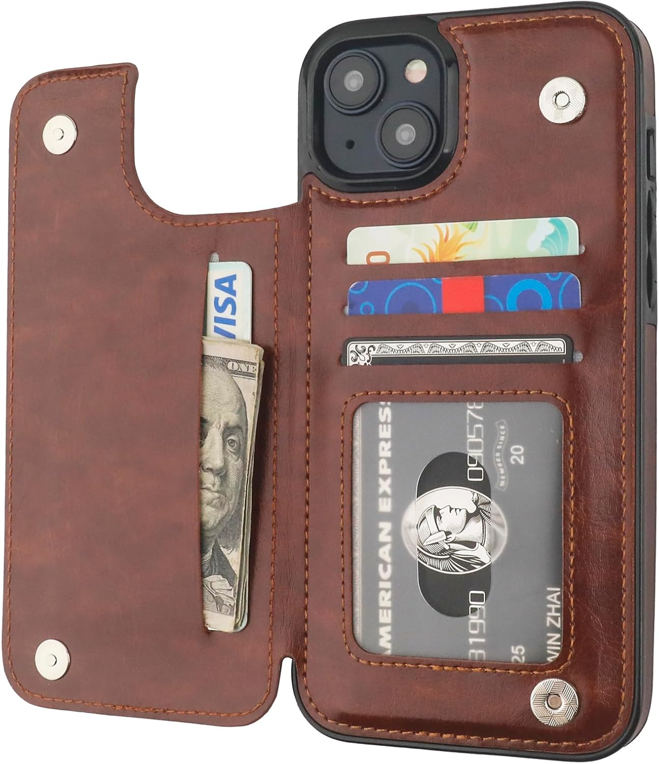 Onetop Funda tipo cartera compatible con iPhone 15 Plus con soporte para tarjetas, funda de piel sintética con ranuras para tarjetas, doble cierre