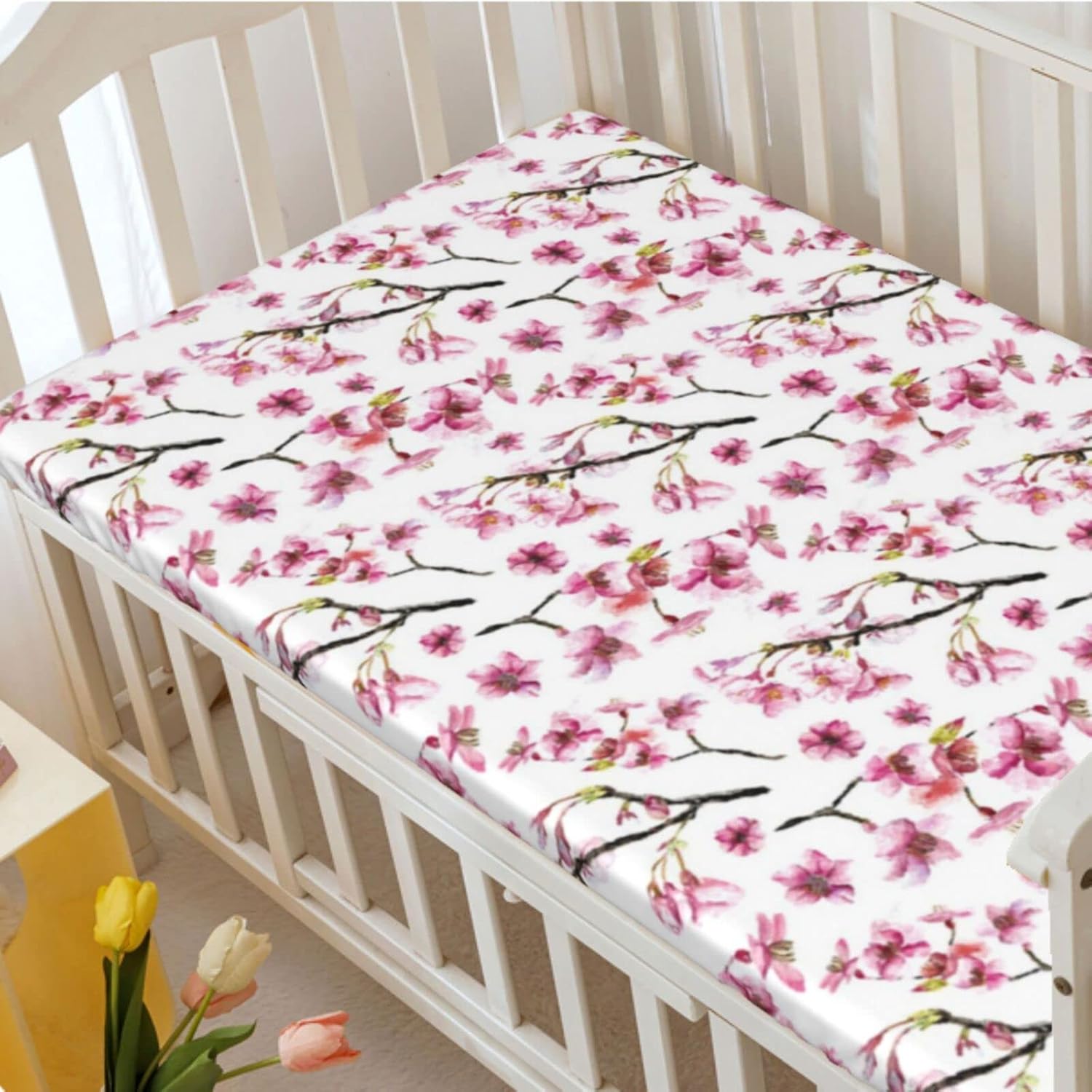 Sábana bajera ajustable para cuna con temática de flor de cerezo, suave y transpirable, sábana para colchón de cuna o sábana para niños pequeños,