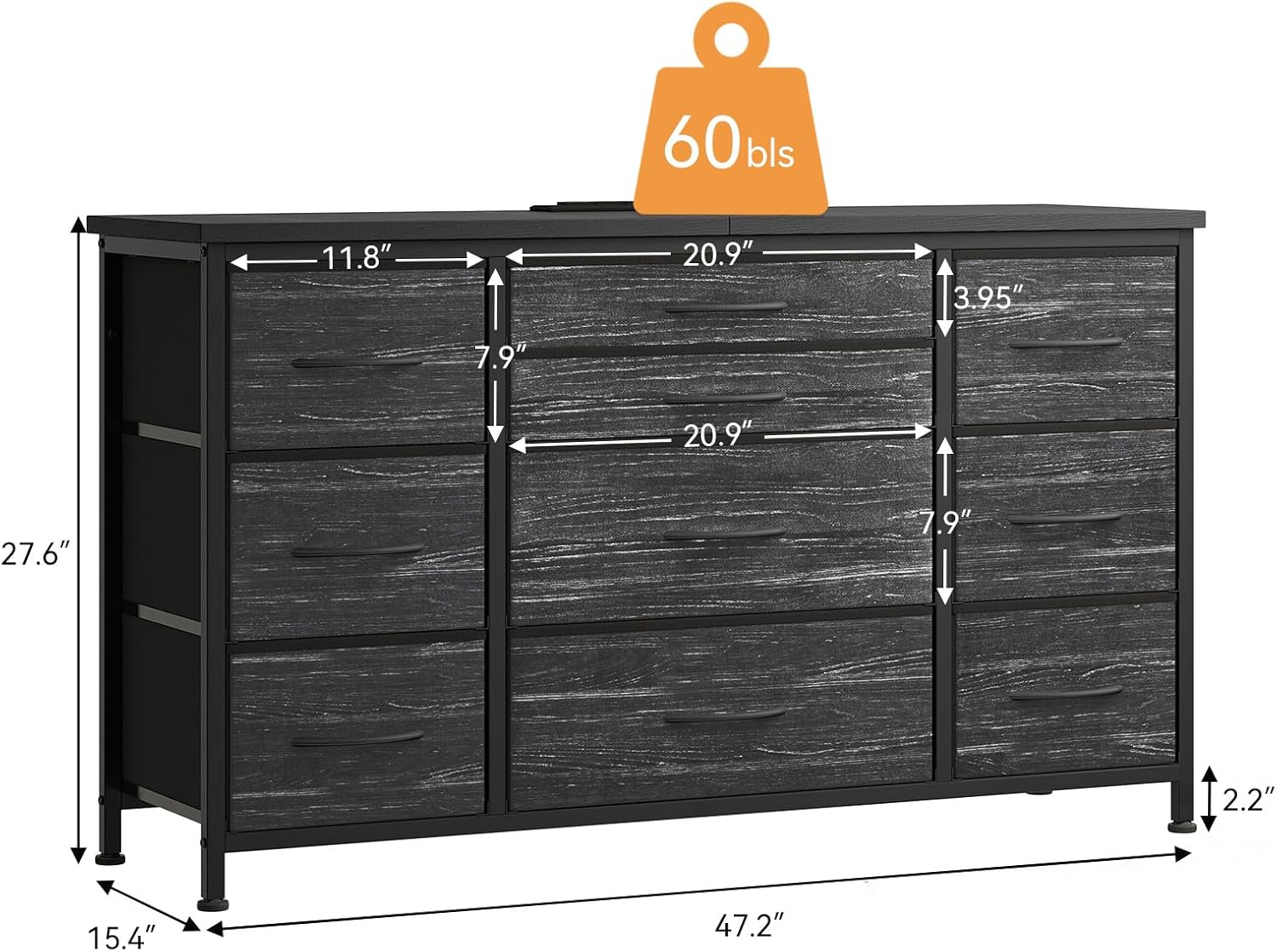 Jojoka Cómoda ancha con 10 cajones grandes para soporte de TV de 55 pulgadas de largo con centro de entretenimiento de toma de corriente, unidad de