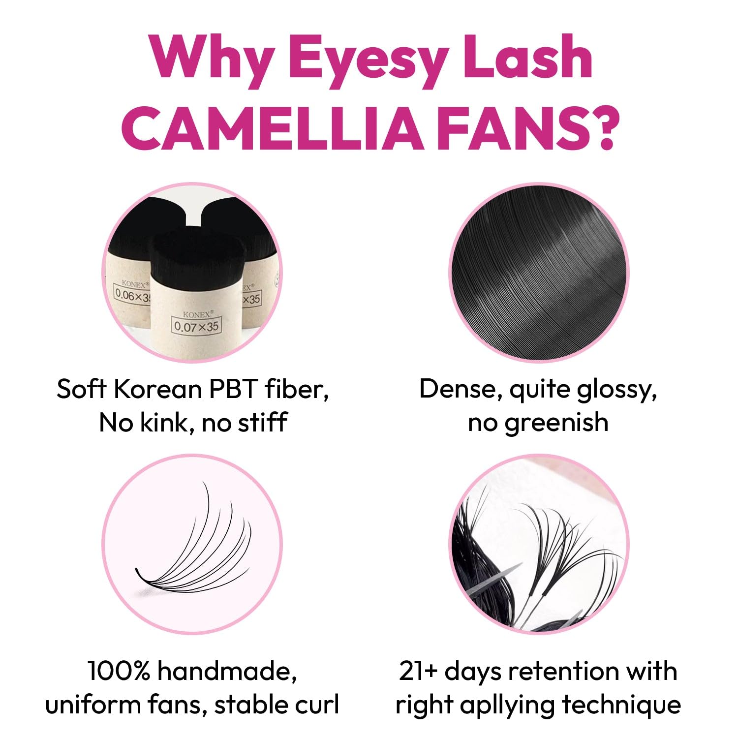 Eyesy Lash 500 extensiones de pestañas Camellia  5D 0.07 Tamaño 7-0.354-0.433 in Curl D  Pestañas de volumen americano múltiples longitudes
