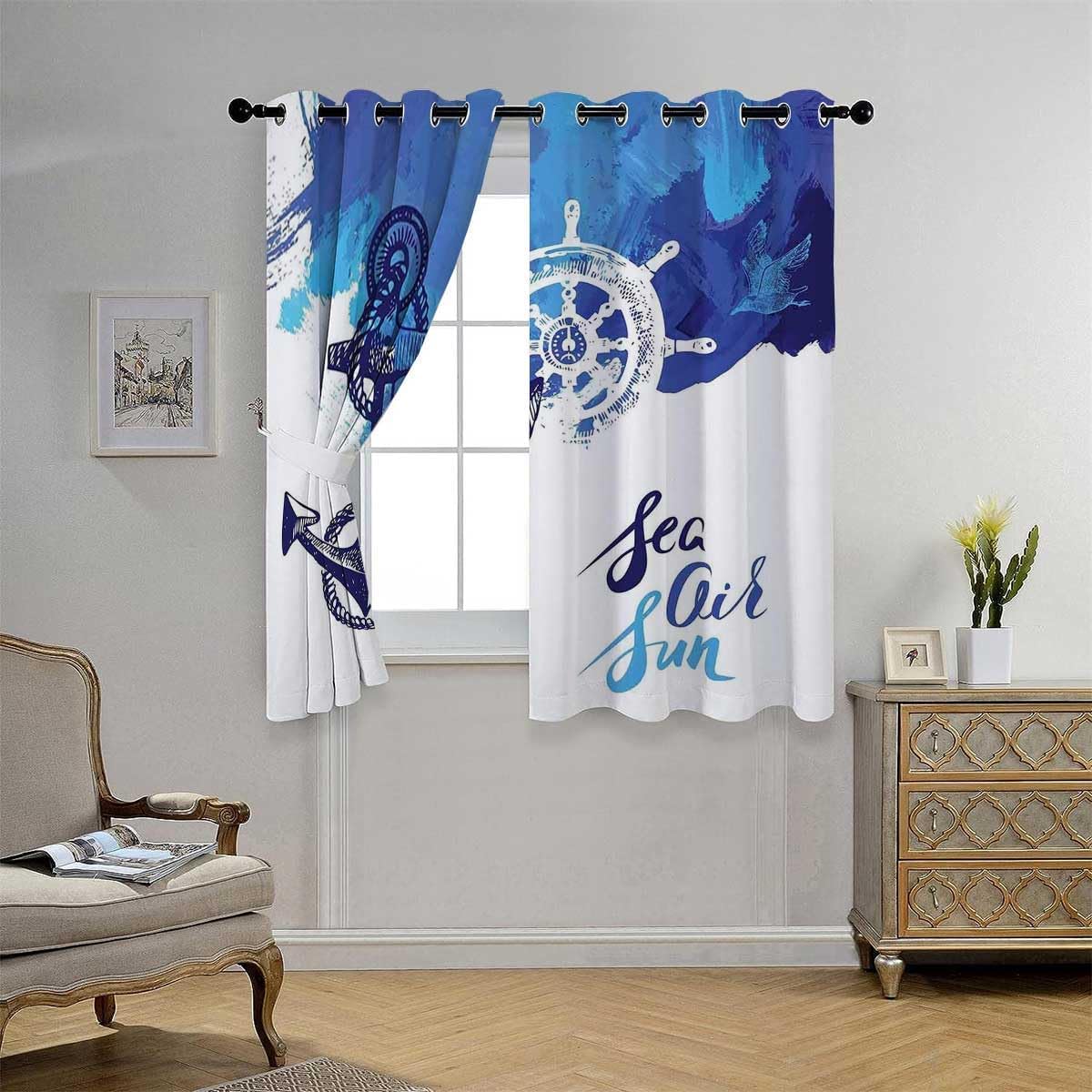 YANFENQI Cortinas para Habitacion – Cortina opaca con ojales para decoración náutica corta para puerta, ventana, bloqueador de ruido, 55 pulgadas de