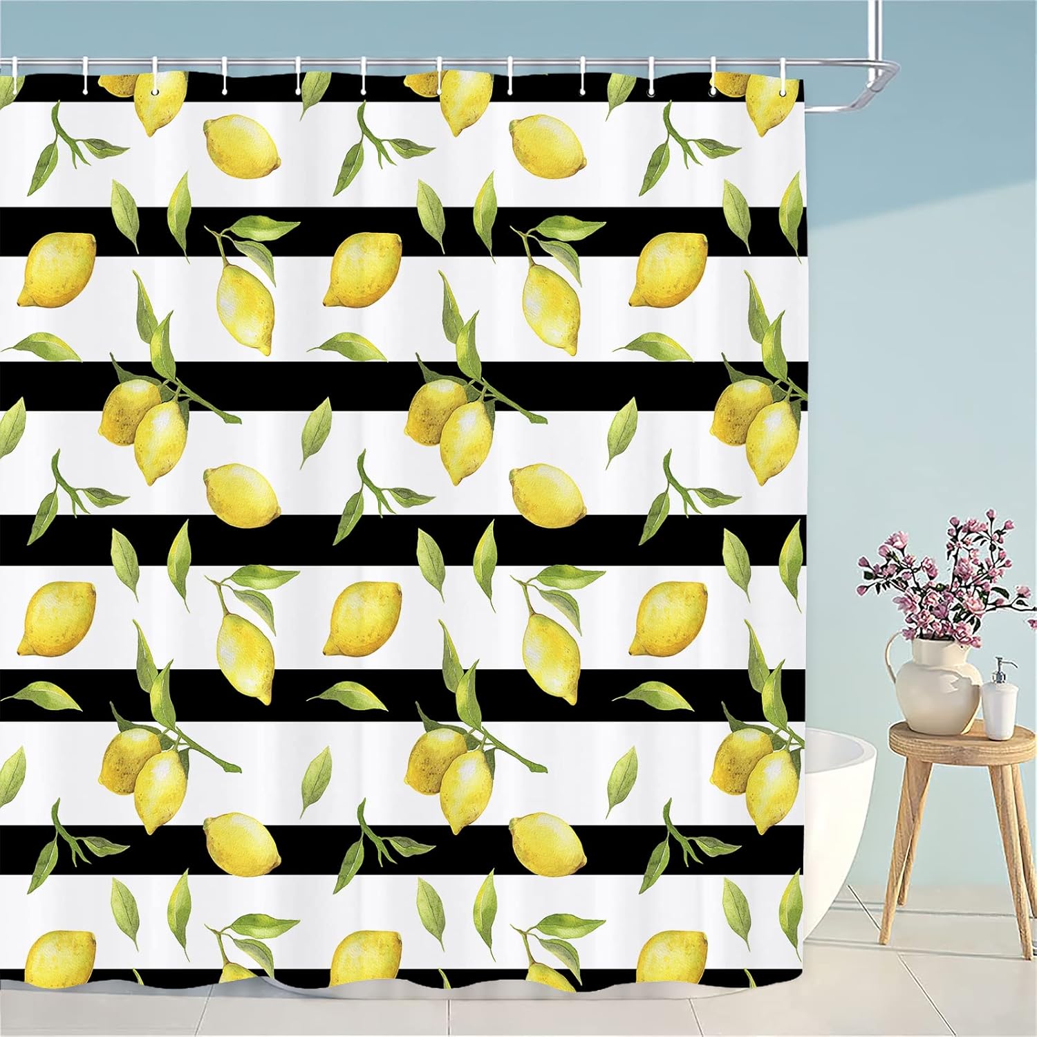 Lindas cortinas de ducha de hojas de verano de limón, cortina de ducha de plantas de frutas amarillas, cortina de ducha de baño, tela cítrica a