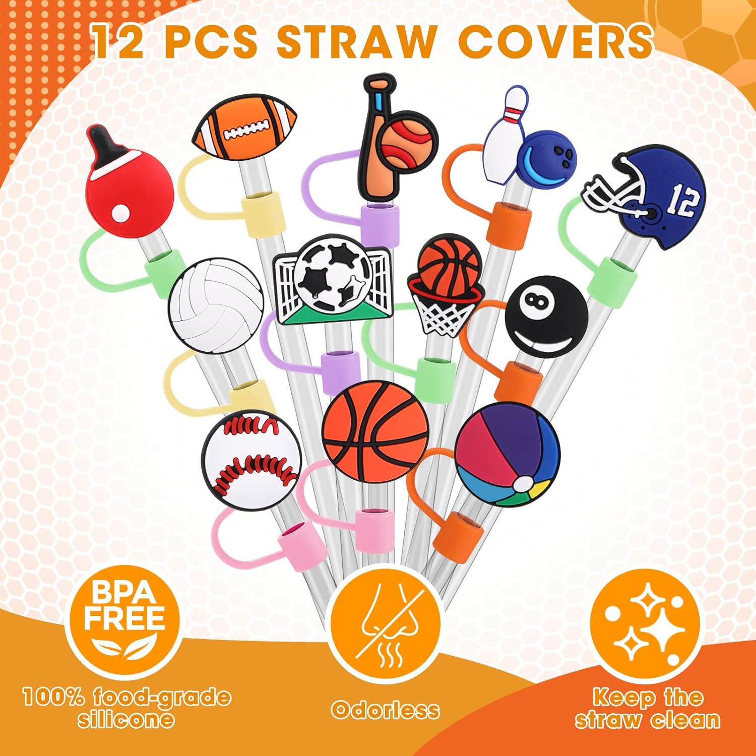12 fundas de silicona reutilizables con punta de popote para fiestas deportivas, tapones para popotes, protector de popote deportivo para puntas de