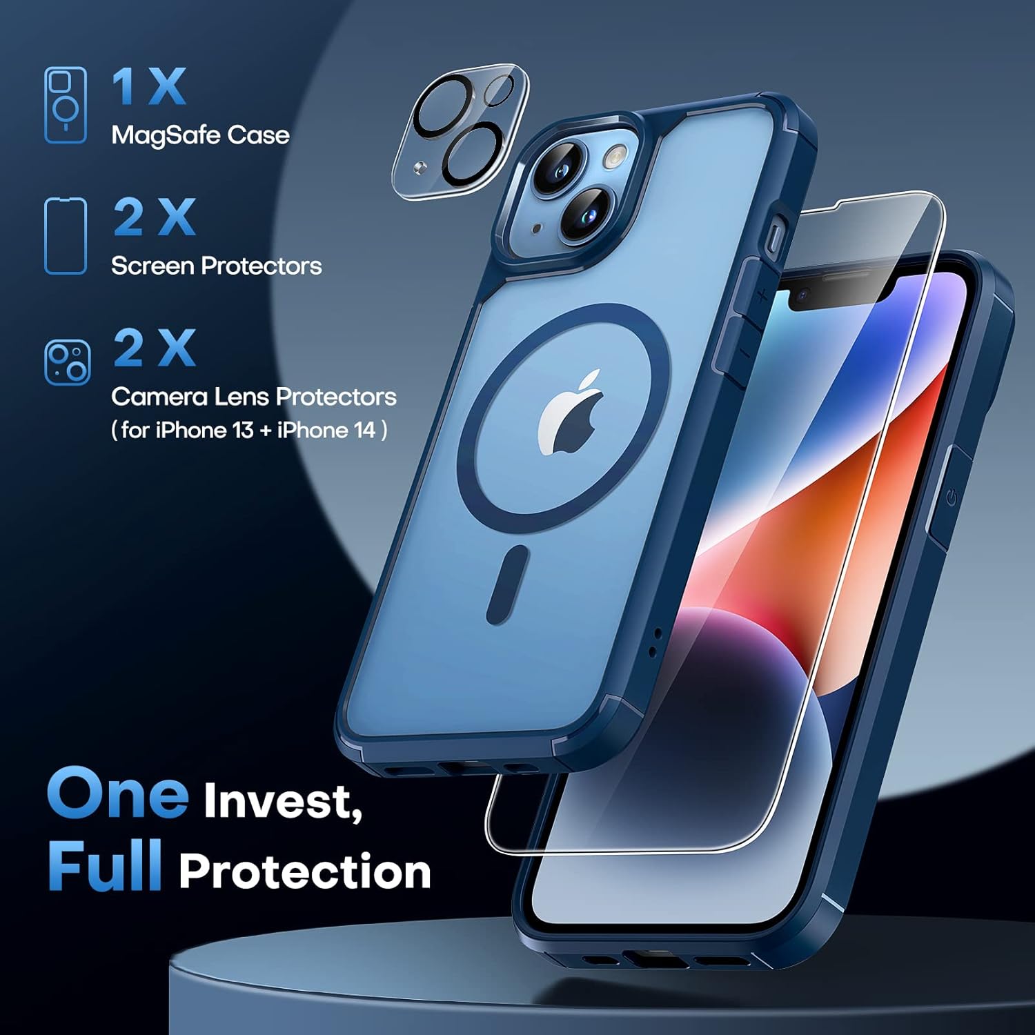 TAURI Funda magnética 5 en 1 diseñada para iPhone 13 para iPhone 14, compatible con MagSafe con 2 protectores de pantalla + 2 protectores de lente