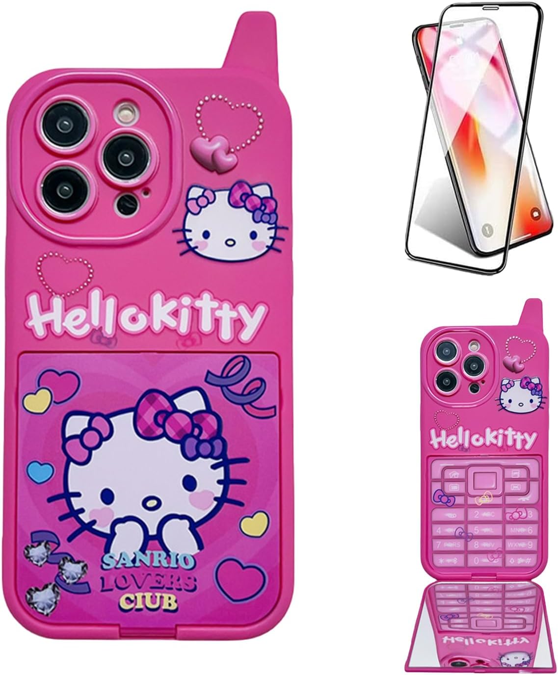 Lvfoge Funda protectora de pantalla extra HD para iPhone 13 de 6.1 pulgadas, funda protectora de dibujos animados de gatitos con espejo de