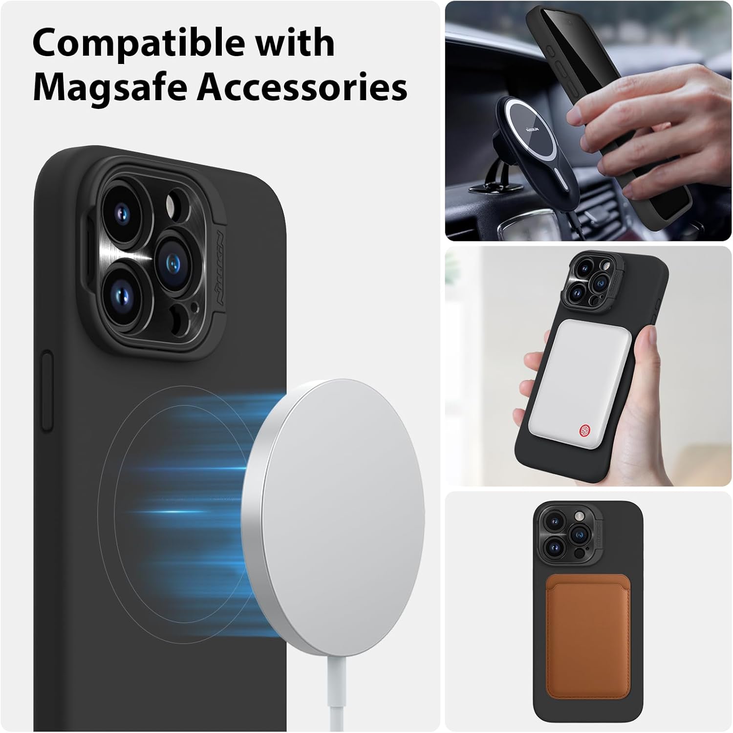 Nillkin CamShield – Funda para iPhone 15 Pro con soporte para cámara, funda de silicona líquida compatible con MagSafe, funda magnética sedosa para
