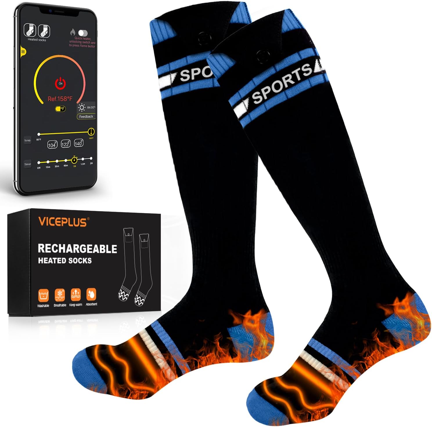 VICEPLUS Heated Socks for Men Electric Women Electric Socks for Men Rechargeable 5000mAh*2 Batteries Warm Socks APP Control Thermal Socks Washable
