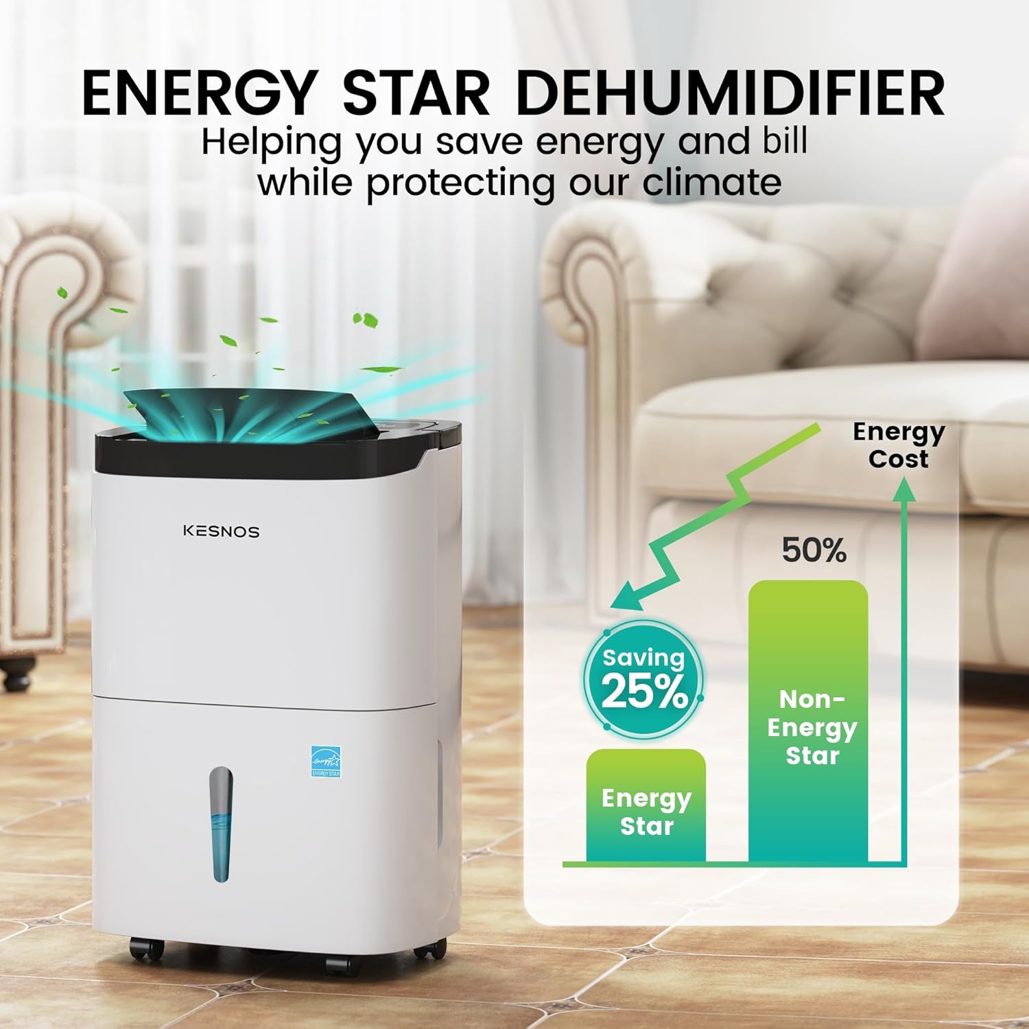 Kesnos Deshumidificador Energy Star de 120 pintas para espacio de hasta 6,000 pies cuadrados – Deshumidificador con manguera de drenaje, secado