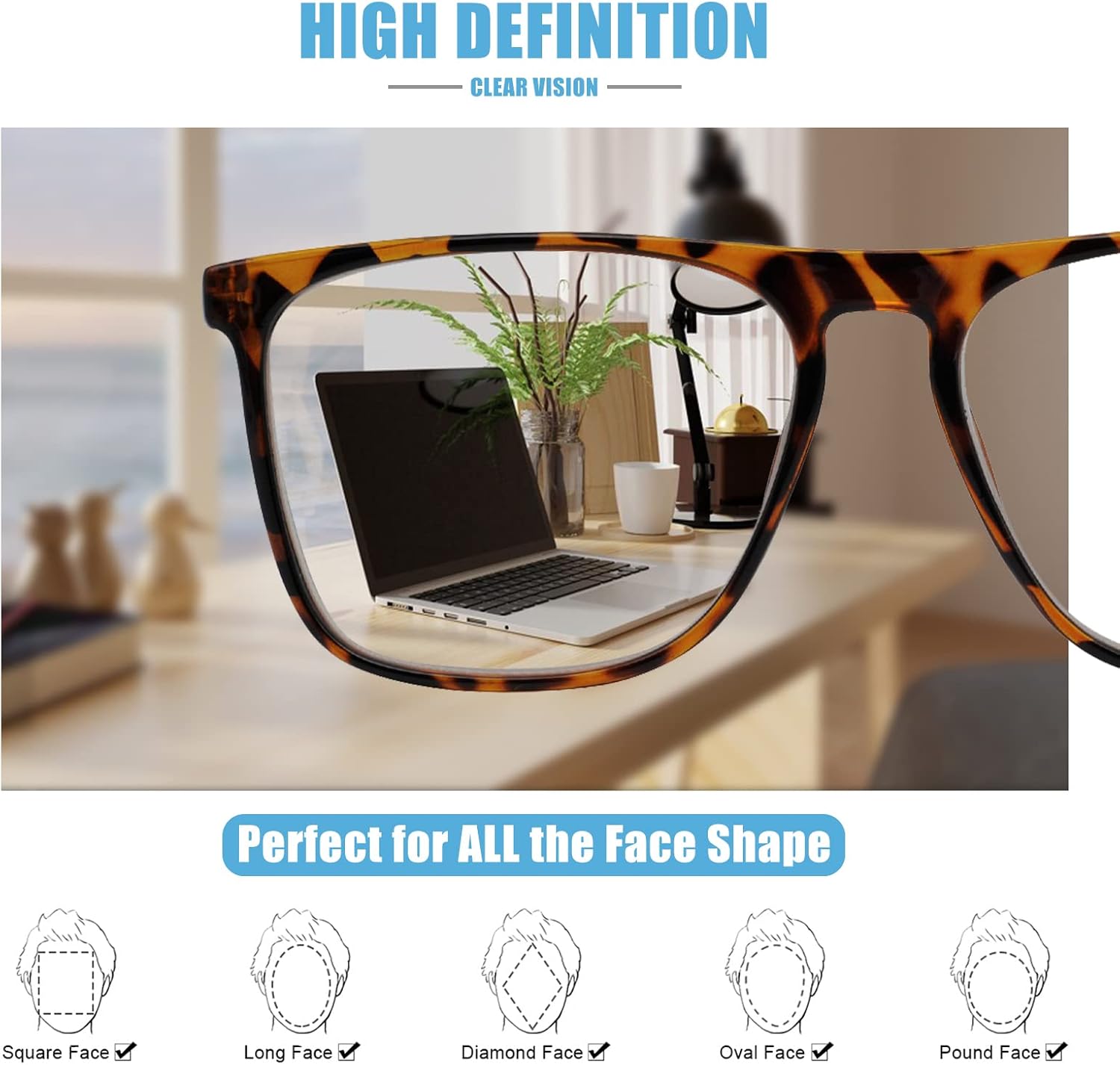 WEMOOTANTS Lentes de lectura de gran tamaño para hombre, 1.25, cuadrados, lectores ligeros, de moda, para lector de nerd 1.00, 1.25+ 1.50, 1.75,