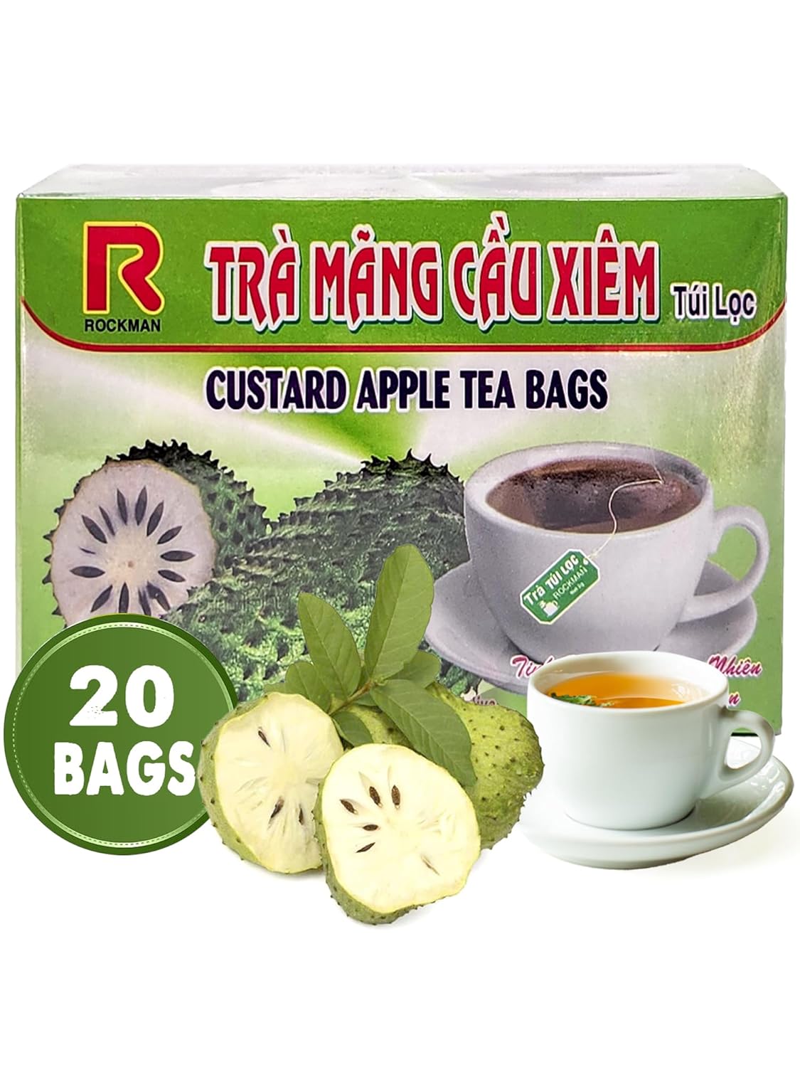 20 bolsas de té de hoja de guanábana y manzana natillas de primera calidad, 100% hojas puras de té de hierbas (20 bolsitas de té)