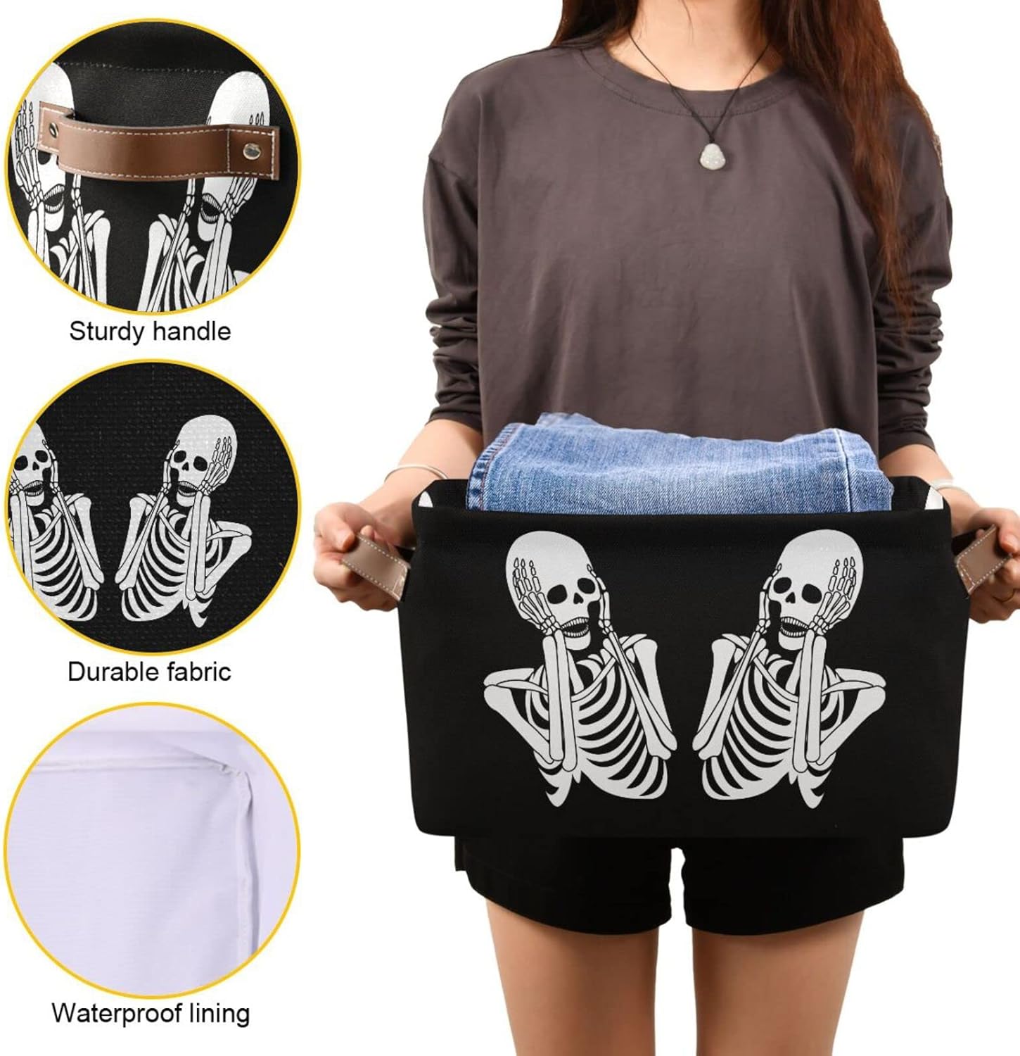 ALAZA Cesta de almacenamiento con diseño de calavera de Halloween, diseño de esqueleto negro para estantes para organizar el armario, estante del