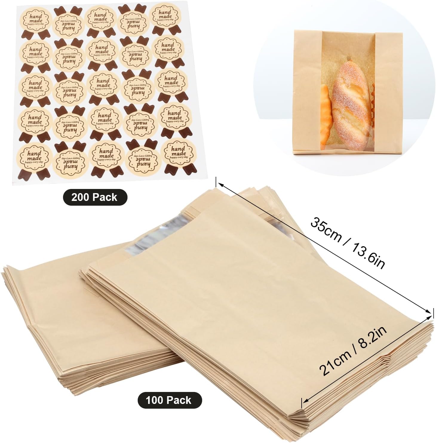 Paquete de 100 bolsas grandes de papel para pan casero, bolsas de panadería con ventana para almacenamiento de envases de alimentos horneados,