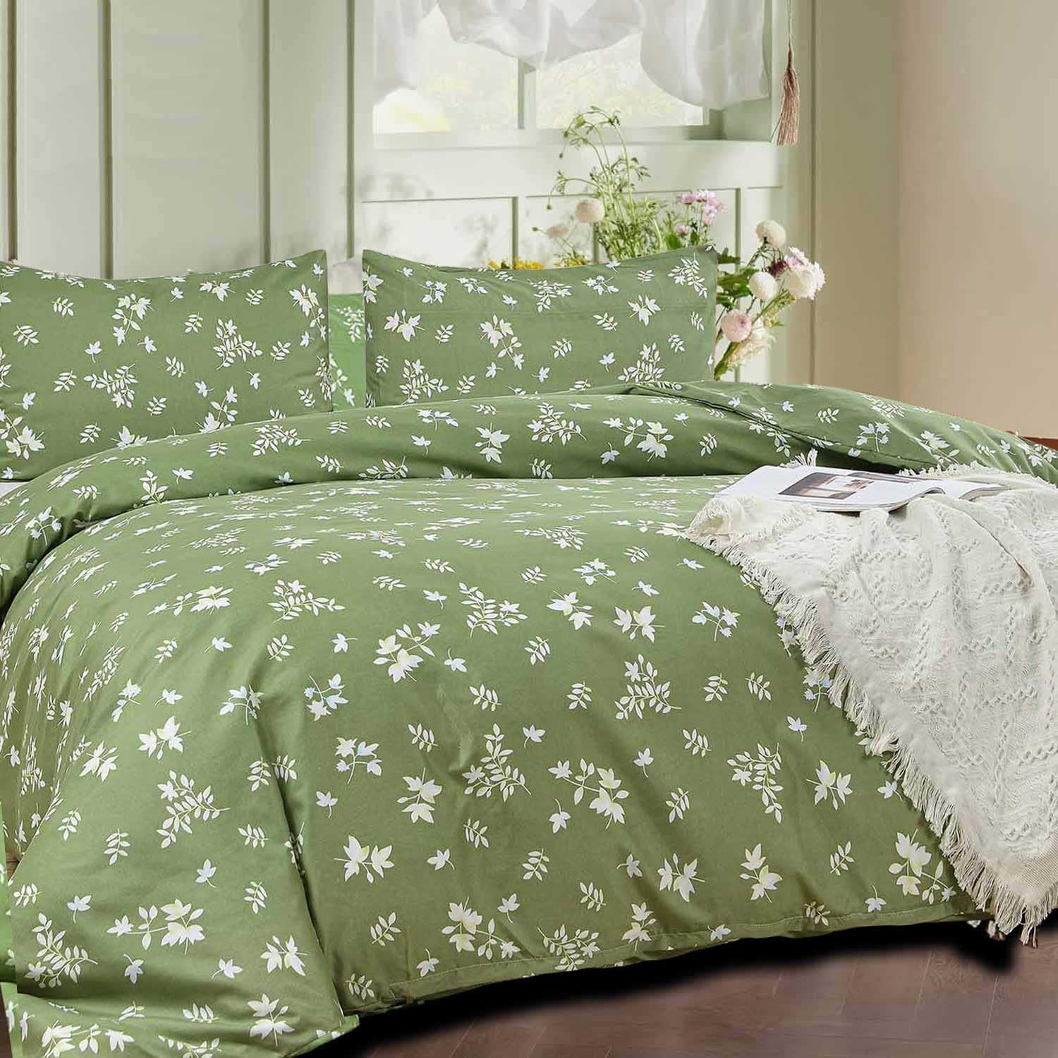 Juego de edredón de tamaño matrimonial, juego de cama reversible con estampado floral verde y blanco, juego de cama alternativo de plumón