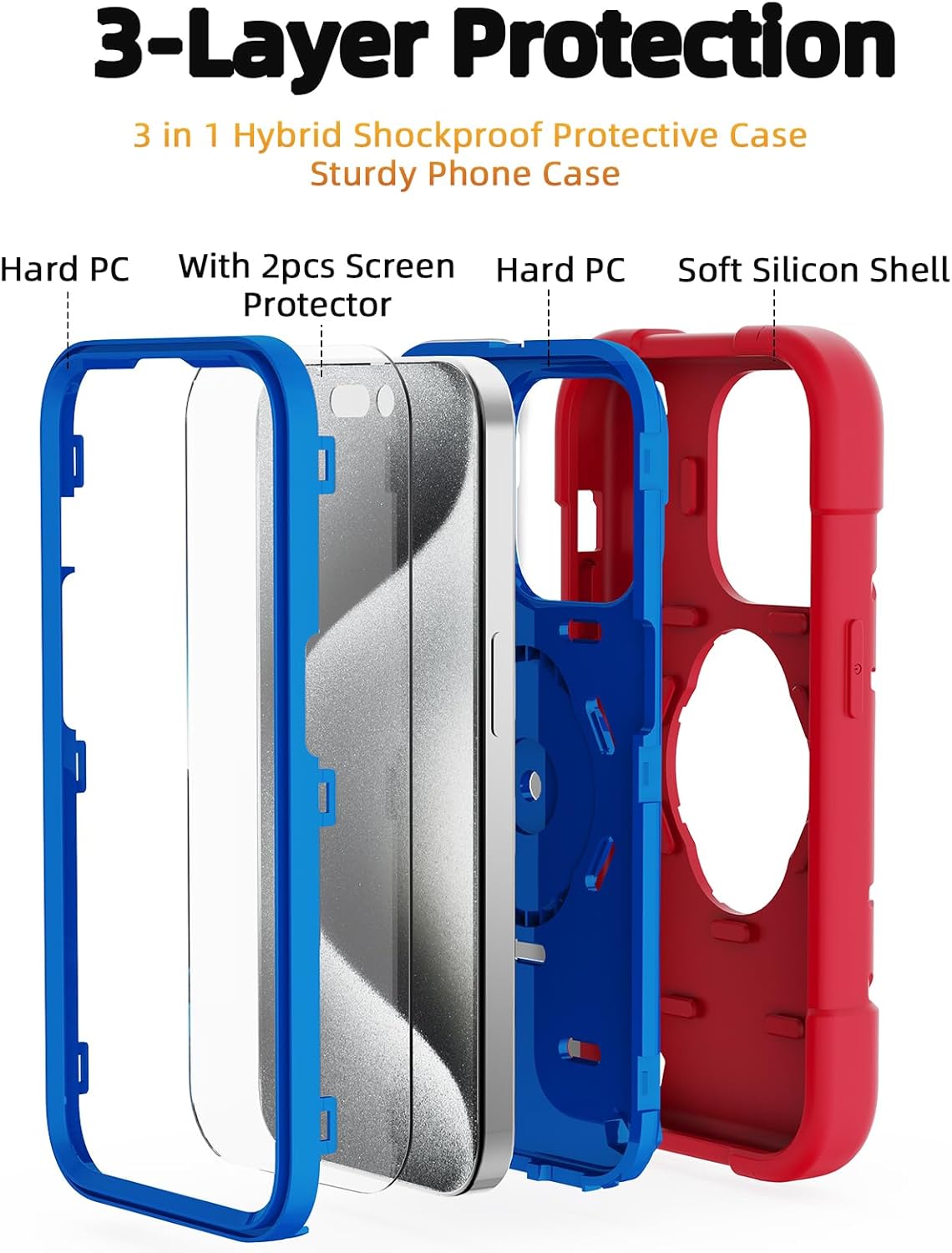 KCJ Funda compatible con iPhone 15 Pro con 2 protectores de pantalla soporte de anillo Funda resistente para teléfono de 6.1 pulgadas (rojo y azul)