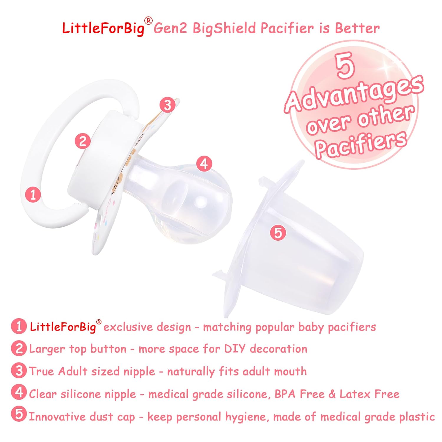 LittleForBig Bigshield Generation-II – Chupete de tamaño adulto con diseño de oso blanco