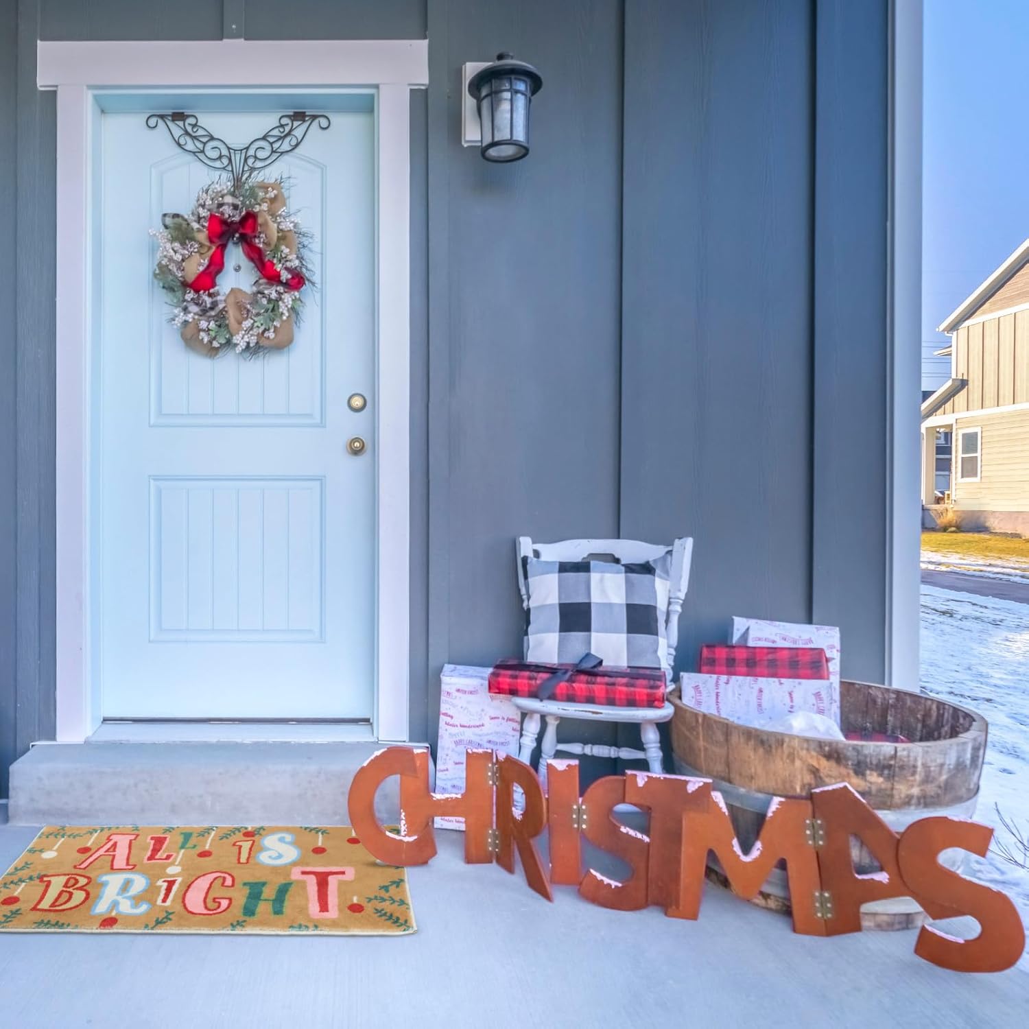 Timgle Tapete de puerta de Navidad de felpa colorida, decoración brillante, tapete de bienvenida para interiores y exteriores, antideslizante, con