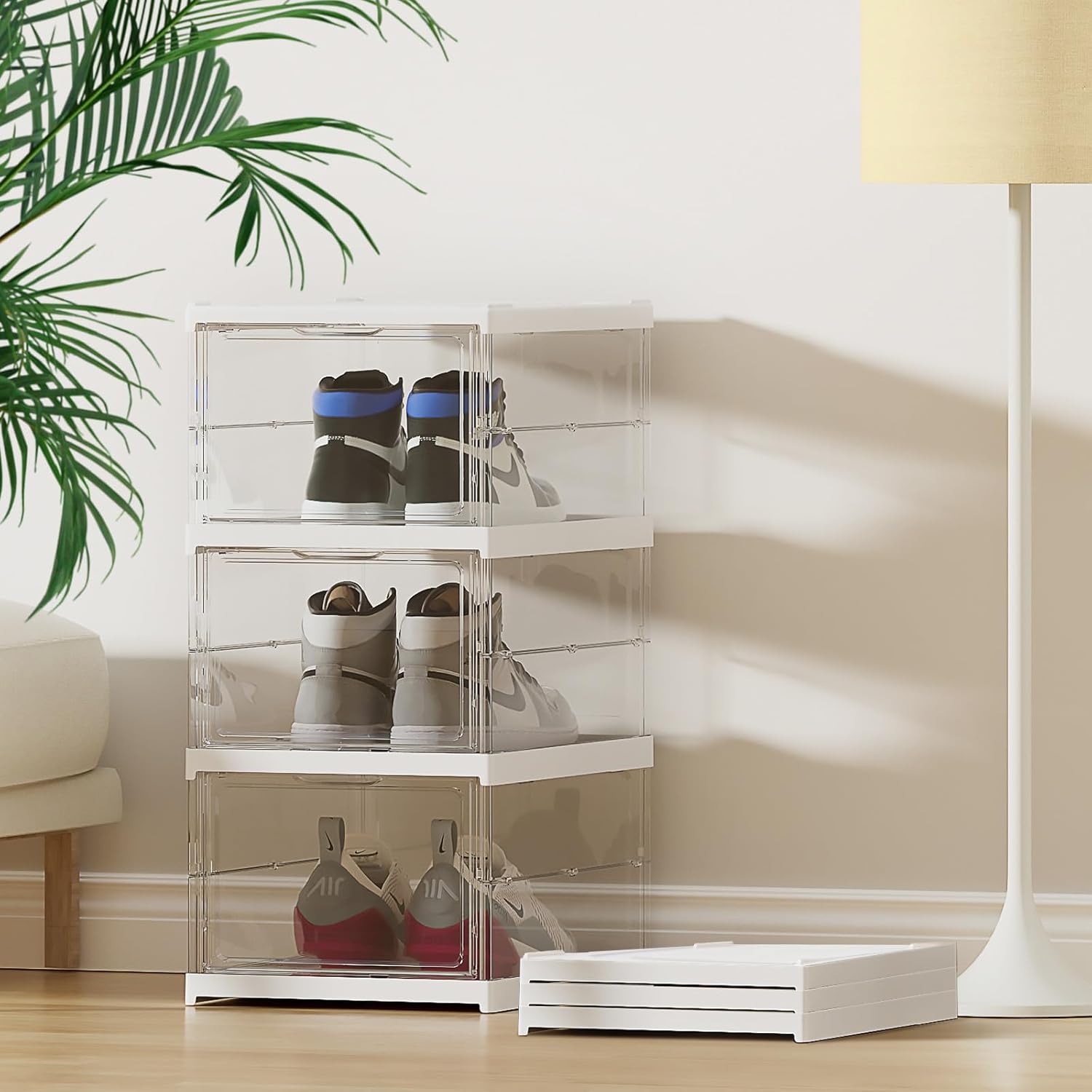 Cajas de almacenamiento de zapatos apilables transparentes, no requiere montaje, organizador de zapatos transparente con tapas, estante de plástico