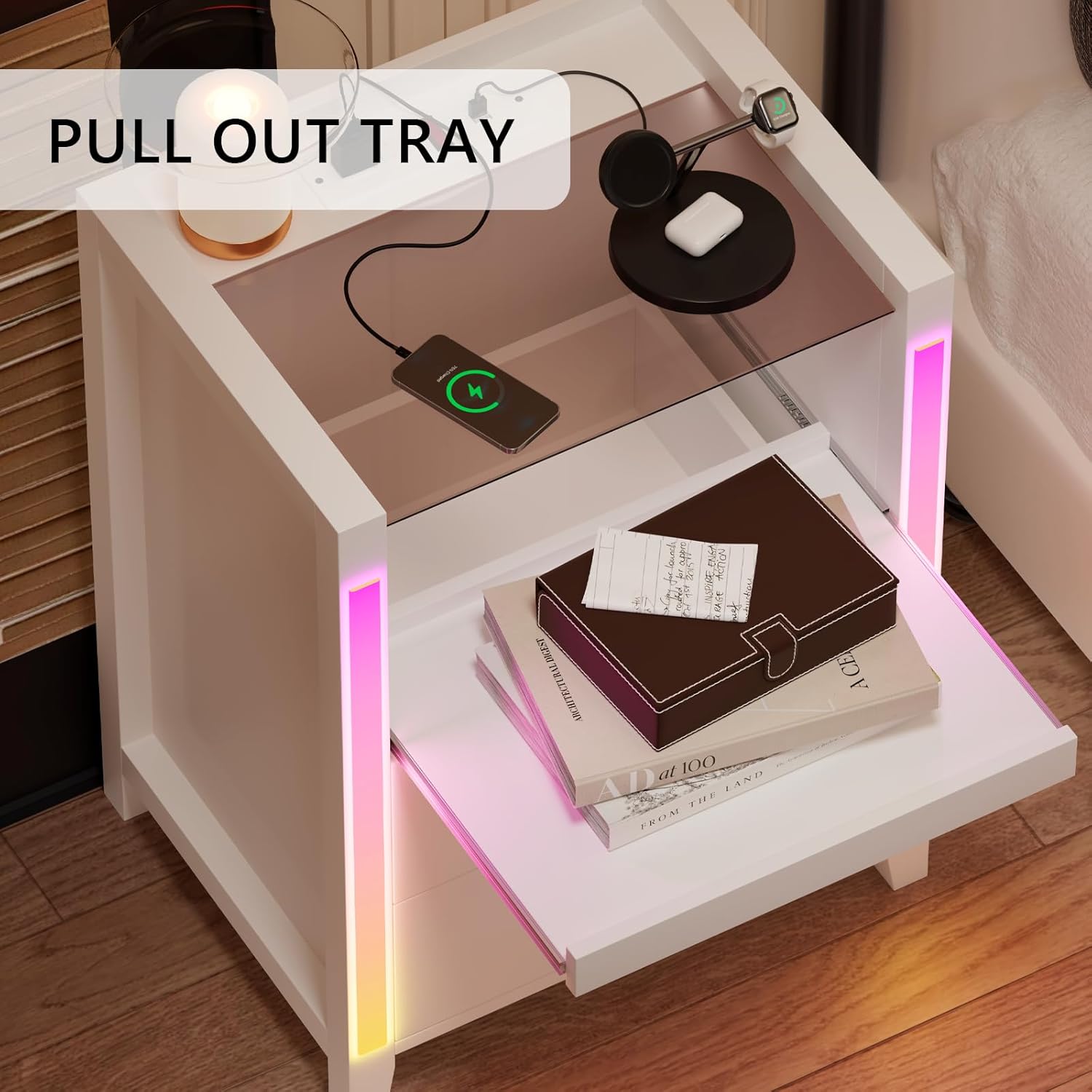 Mesita de noche con estación de carga, luces LED, mesita de noche con estante extraíble y 2 cajones, mesita de noche con mesa de vidrio templado,