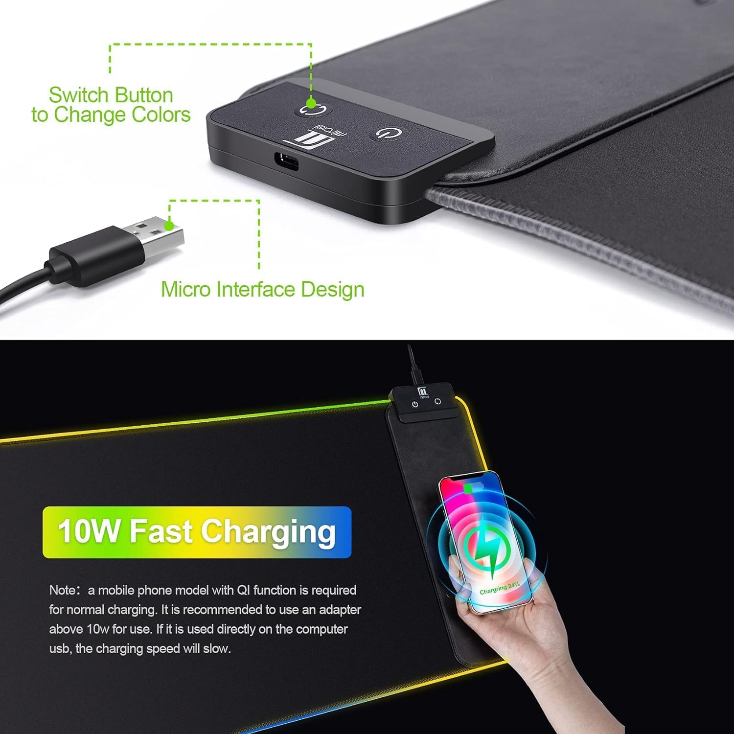 Alfombrilla de mouse LED, alfombrilla de mouse para juegos con carga inalámbrica, alfombrilla de escritorio grande, 10 colores de luz RGB,