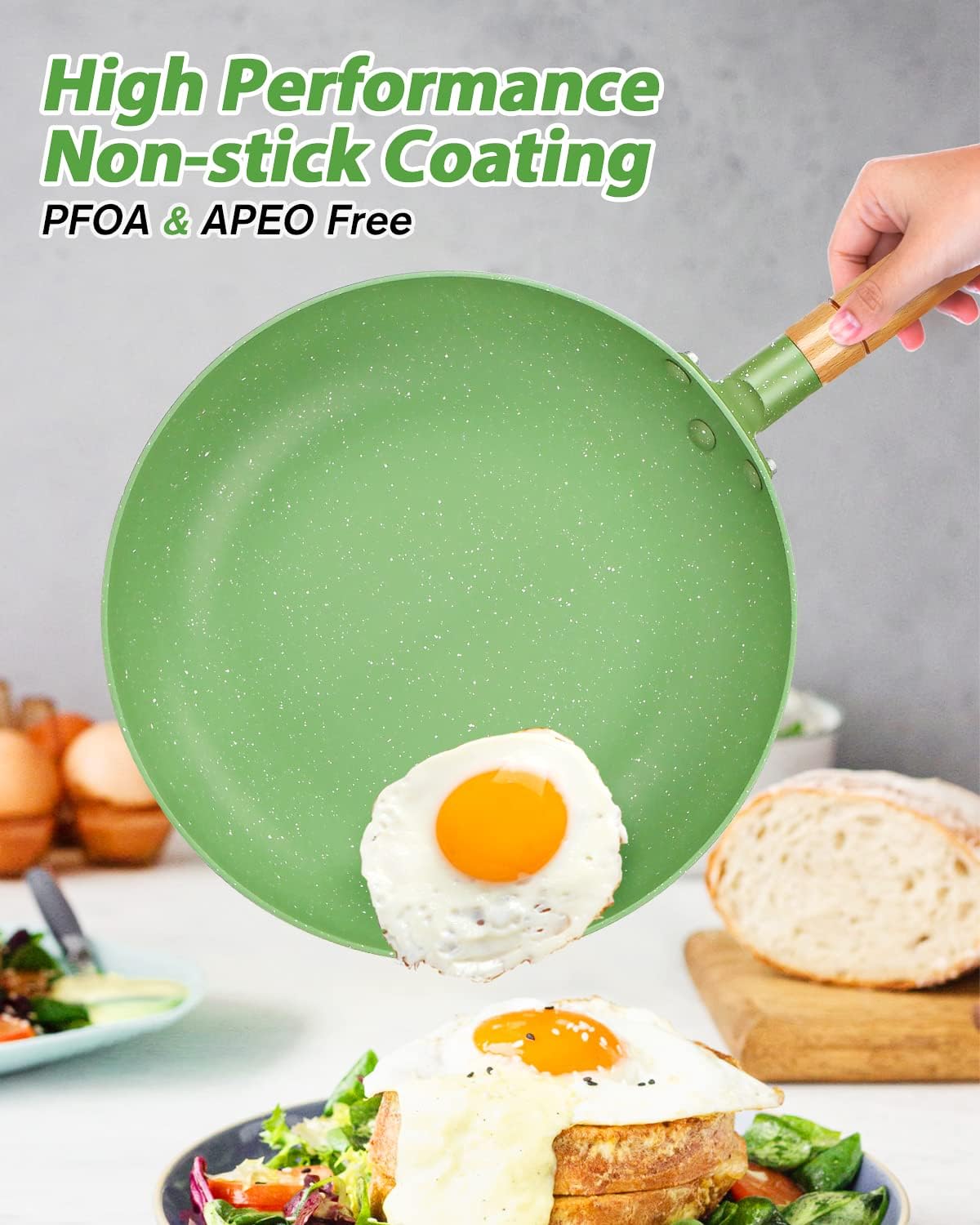 BUNDLEPRO Sartén antiadherente, sartén de revestimiento de granito con mango de madera, utensilios de cocina de aluminio verde compatible con