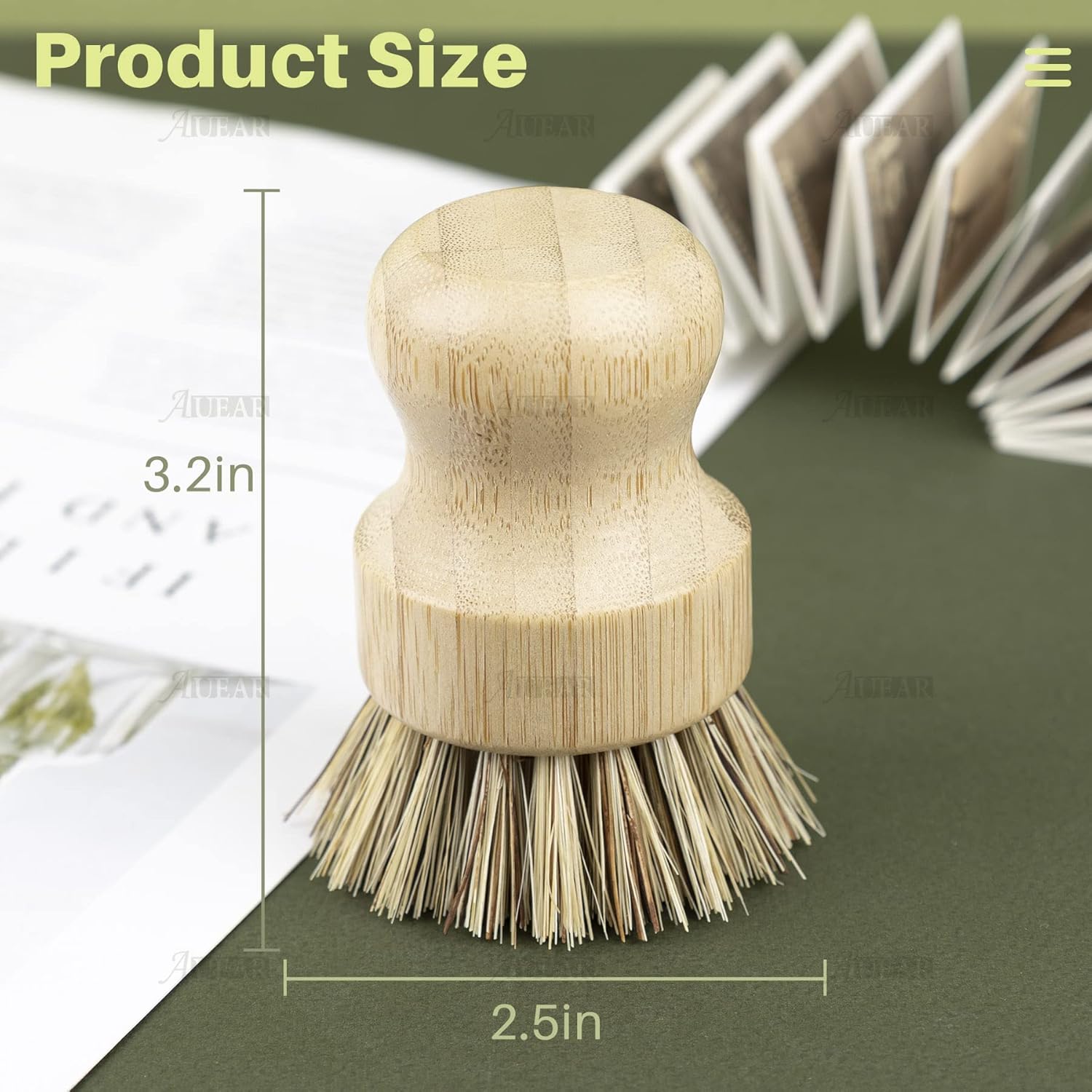 AUEAR, Cepillo de bambú natural para fregar platos, cepillos de limpieza para ollas, cerdas de coco para sartenes de hierro fundido (paquete de 4)