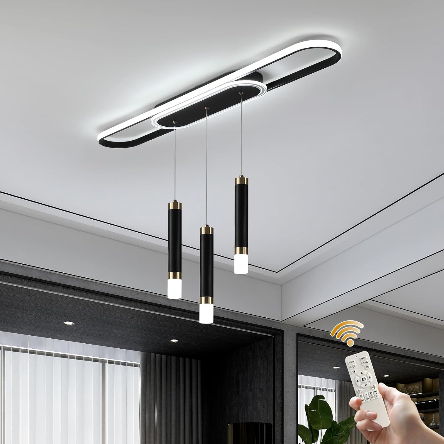 Jaycomey Lámpara LED moderna, lámpara colgante de techo de acrílico regulable de 3 luces con control remoto, lámpara de comedor interior para