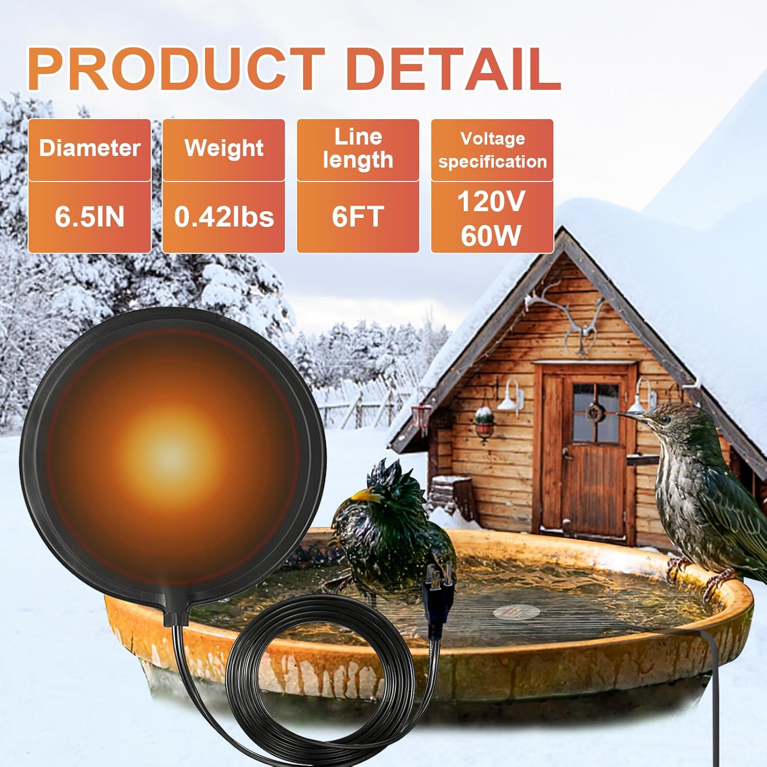 FOUDOUR Descongelador de baño para pájaros, 60 W, controlados termostáticamente, calentadores de baño para pájaros, descongelador, para invierno, al